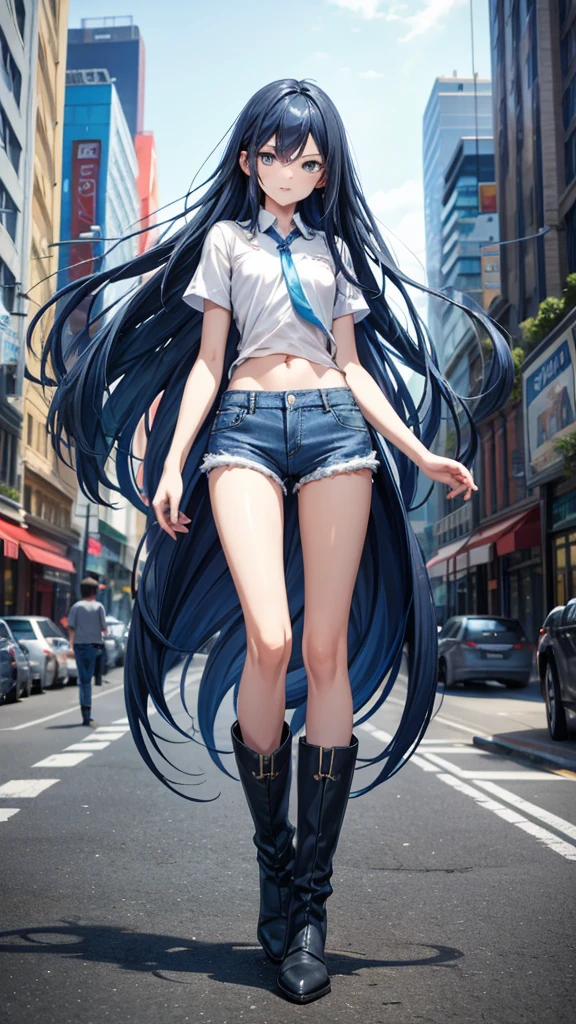 blue long hair boy，flat chest，Extremely slim figure，White short-sleeved shirt，Bare waist，Denim shorts，Thin legs，boots,City