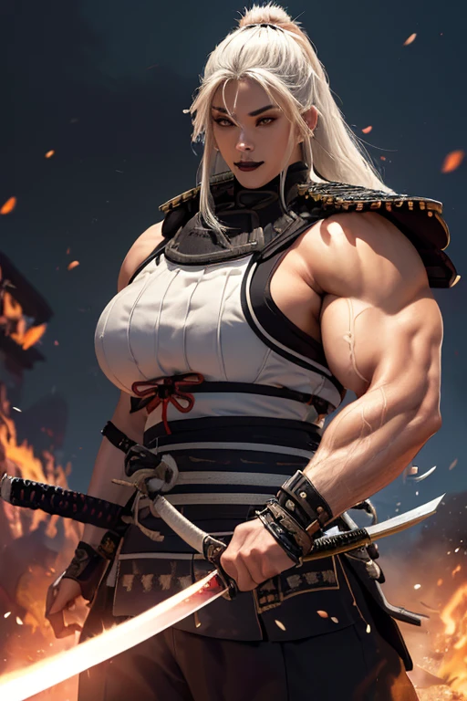 ((((Massive, tall, beautiful, buff, muscular light brown skinned female samurai with white hair, black lipstick, ginormous bulky muscles, holding a fire sword and wearing an all white samurai armor with pants)))), {close view}, black eyeliner, massive muscles, large breast, massive biceps, hyper muscle triceps, (long straight hair), blue eyes, samurai boots, In a battlefield, sleeveless, steel samurai armor, nighttime, confident smile, hyper muscles arms, hyper muscle legs, ginormous arms