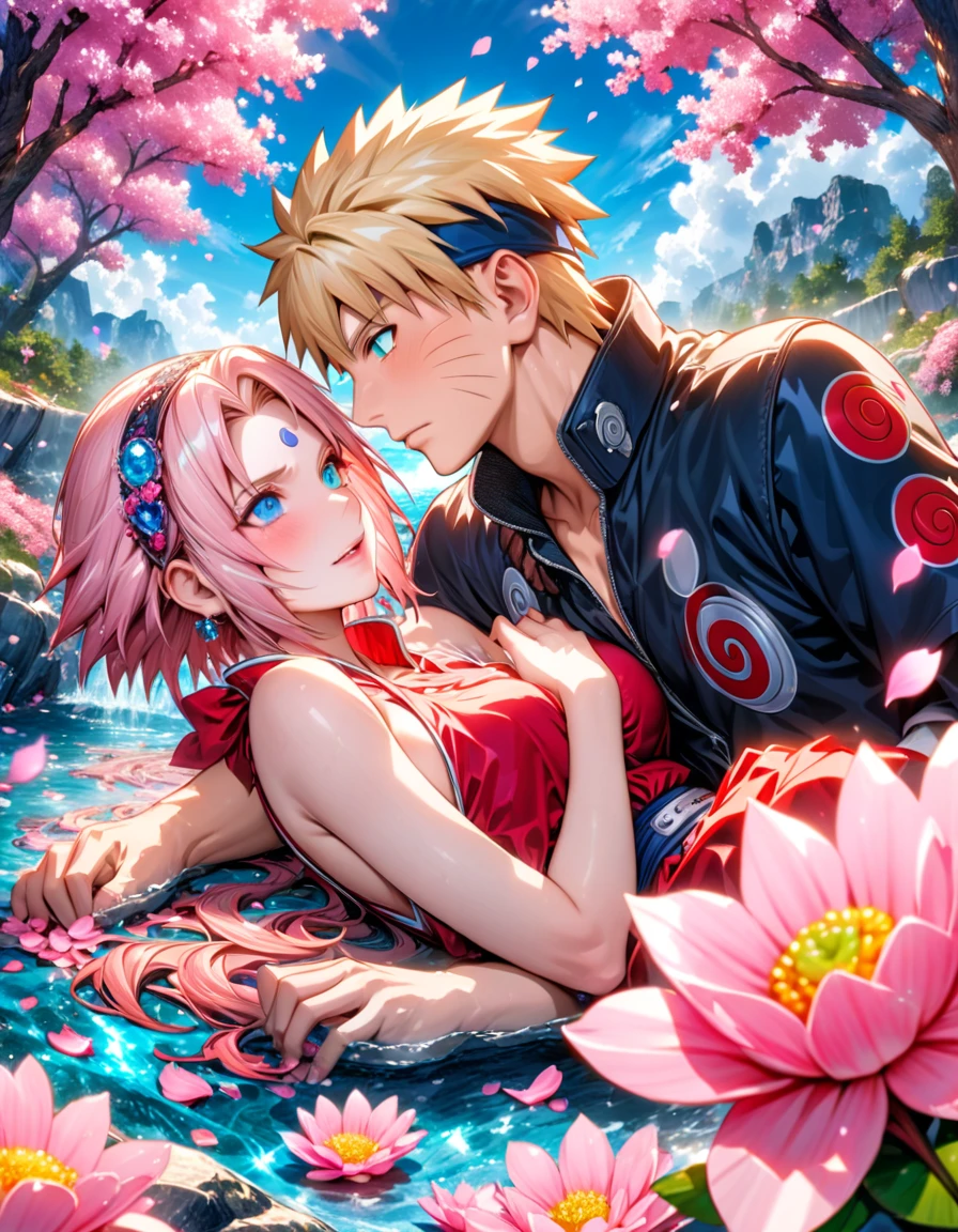 Ultra detailed, Highres, absurdres, HDR, master piece, Uzumaki Naruto, blond hair, expressive blue eyes, Haruno Sakura, pink short hair, expressive green eyes, Naruto Shippuden, a handsome man together with a beautiful woman, couple, love, extremely detailed eyes and face, water, pink flowers, blossoms, petals, sexy, fantasy, orange and red clothes, magic