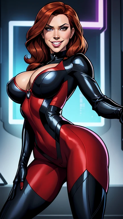Black Widow playfully raises one hand to her buttocks, teasingly drawing attention to the shape accentuated by her tight suit. With a mischievous grin and a twinkle in her eye, she invites admiration with her confident demeanor.