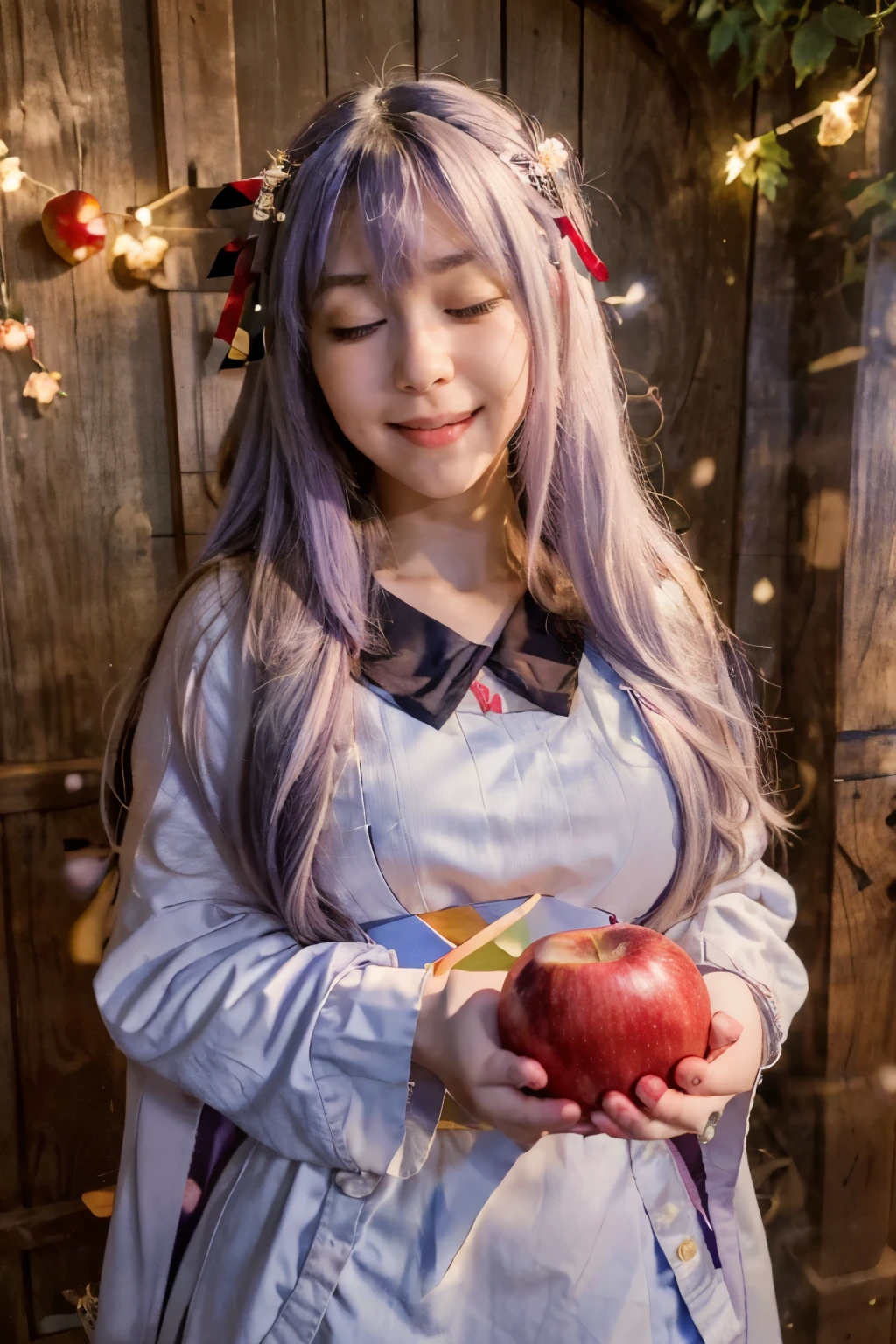 best quality, masterpiece,    akizuki kanna, 1girl, solo, upper body, looking at viewer, holding fruit, blush, smile,  purple eyes, one eye closed, long hair, white hair, ahoge, hair ribbon, bangs, cape, red ribbon, long sleeves, apple, heart, one side up, food on face,