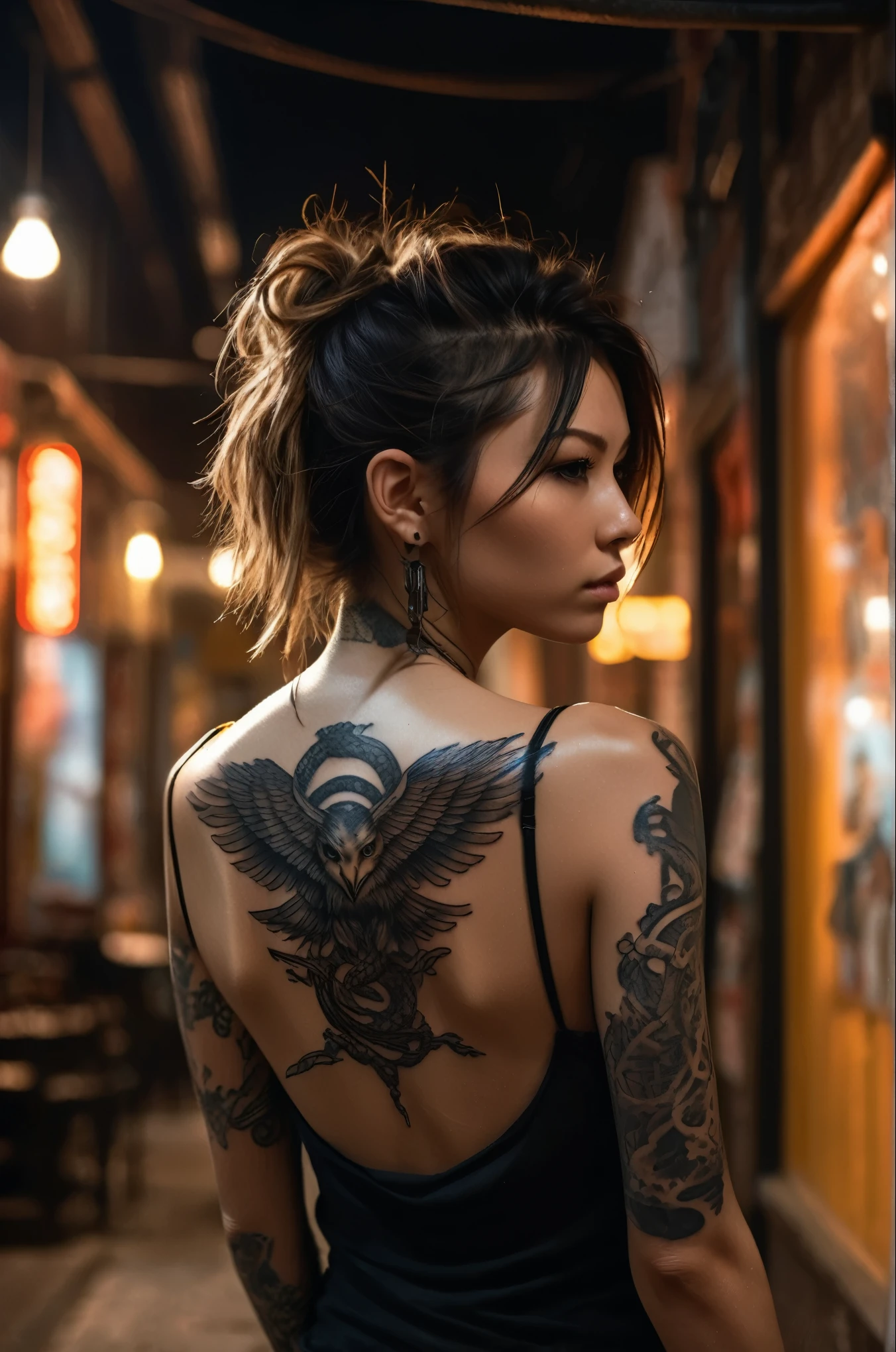 in style of Ashley Wood,
romantic atmosphere in the bedroom,(dynamic pose:0.9),the girl with the eagle and serpent tattoo,an otherworldly landscape in the style of neon silhouette contrast,black eyeliner,black sleeveless muscle shirt,from behind,(big eagle and serpent tattoo on the back:1.3),swedish town,detailed skin,photorealistic,dramatic lighting,RAW photo,4k,sharp focus,high resolution,8k uhd,high quality,film grain,Fujifilm XT3,(blurred background:1.6),back tattoo focus,tattoo closeup,clear tattoo lighting,photorealistic,dramatic lighting,RAW photo,4k,sharp focus,high resolution,8k uhd,high quality,film grain,Fujifilm XT3, elegant girl, beautiful young woman, high quality, 8k, realistic, photorealistic, professional, vivid colors, natural lighting, cinematic, fantasy, magical, whimsical