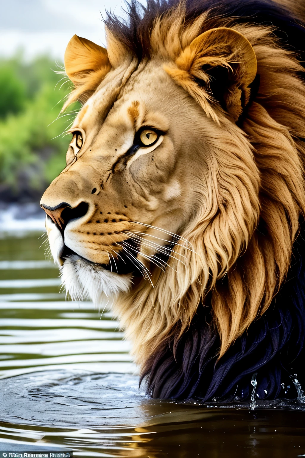 A majestic lion, resplendent in the multicolored 9/16 format, takes a leisurely drink from the river. The lion's mane, a cascade of vibrant hues, is wet from the water, adding a dynamic element to its regal appearance. (Realism: 1.5), (Wildlife: 1.2), (Animated: 1.3), HDR, (Intricate Details, Hyper-Detailed: 1.1), Cinematic Shot, Vignette, Centered. The lion's eyes, filled with a primal intensity, reflect the surrounding nature, creating a striking contrast against its wet fur