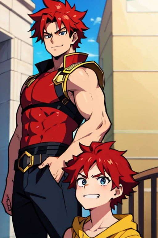 Brave,male,Handsome,anime,Red hair,Thick eyebrows,A kind smile,one person