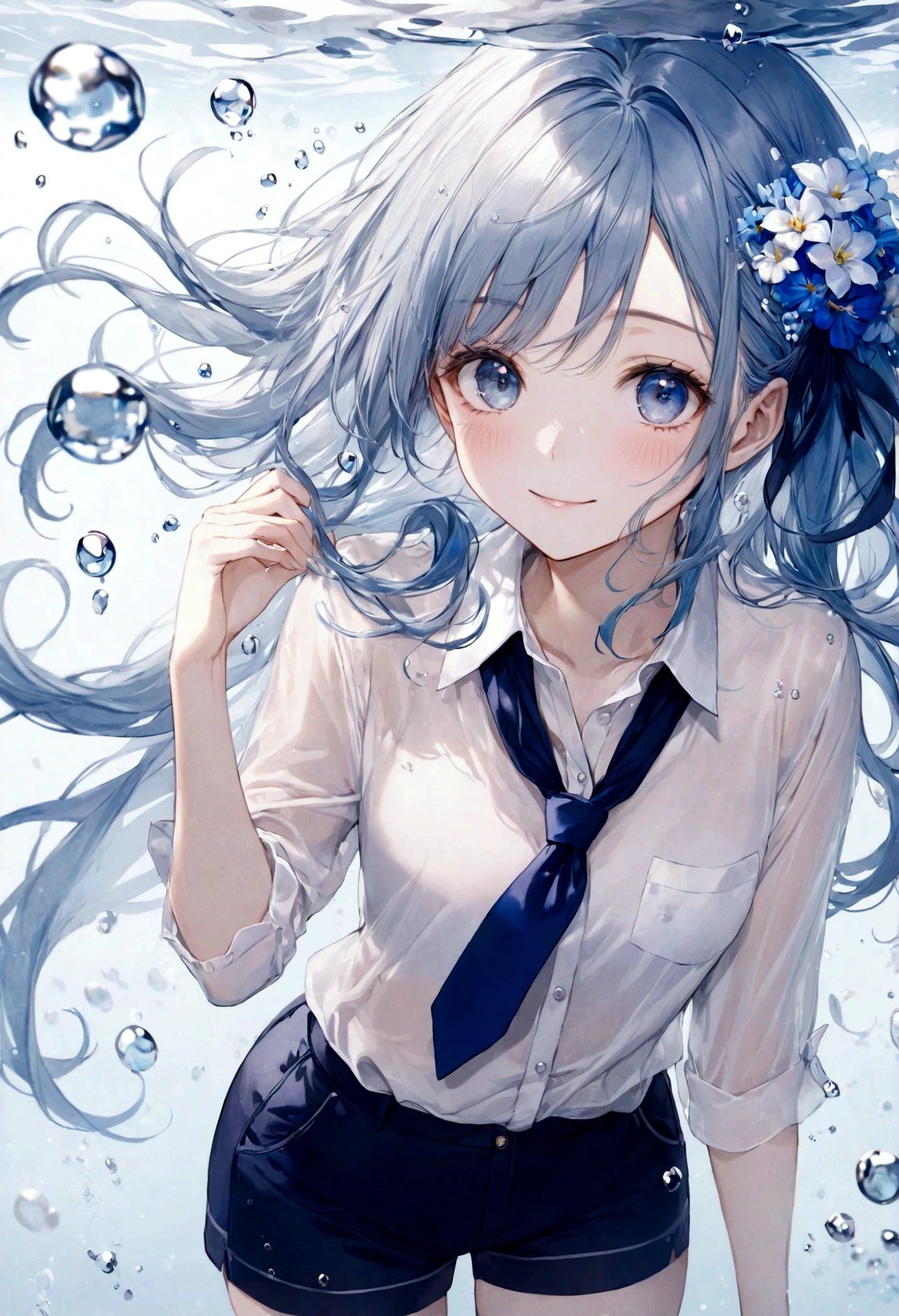(top-quality)), ((​masterpiece)), ((ultra-detailliert)), (extremely delicate and beautiful), bright sky blue hair, watery hair, bright sapphire eyes, fair skin, beautiful woman, sheer white shirt, sheer silky navy blue shorts, navy blue ribbon tie, pearl decorations, underwater world, cold background, air bubbles, water bubbles, underwater, sweet smile, relaxed expression, delicate wavy long hair, blue and white flowers on hair