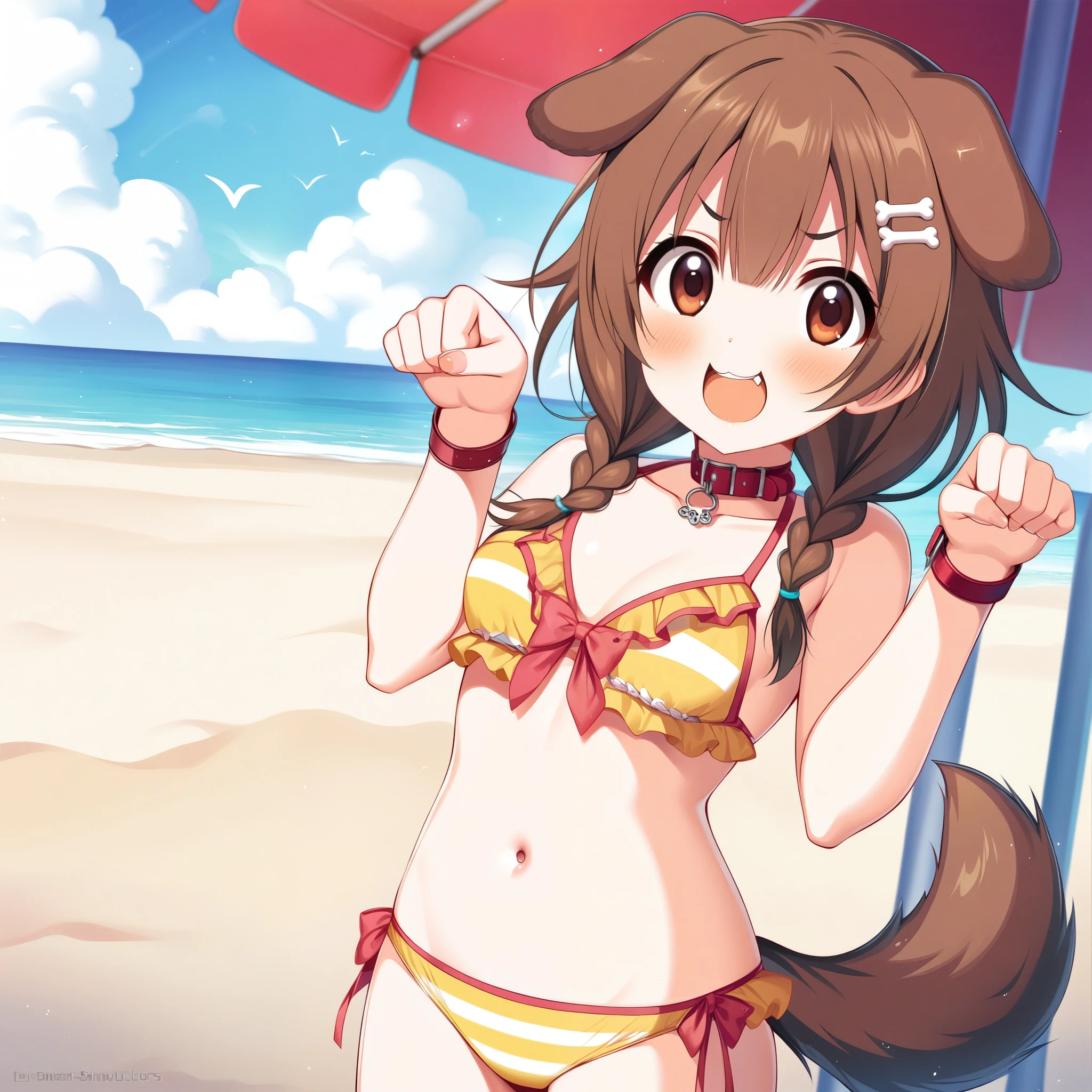 inugami_korone, Artist, horosuke, Copyrights, princess_connect!, idolmaster_shiny_colors, Character, General, 1girl, brown_hair, blunt_bangs, blush, medium_breasts, breasts, smile, brown_eyes, censored, striped bikini, yellow_bikini, frilled_bikini, navel, dog_tail, animal_collar, twin_braids, dog_ears, bone_hair_ornament, raised_eyebrows, paw_pose, :d, teeth, raised_eyebrows, (standing in middle, beach_umbrella), sky, clouds, detailed, sand, outdoors, from_side, looking_at_viewer, masterpiece, best_quality, great_quality, girl, solo, center_composition, centered character, cute
