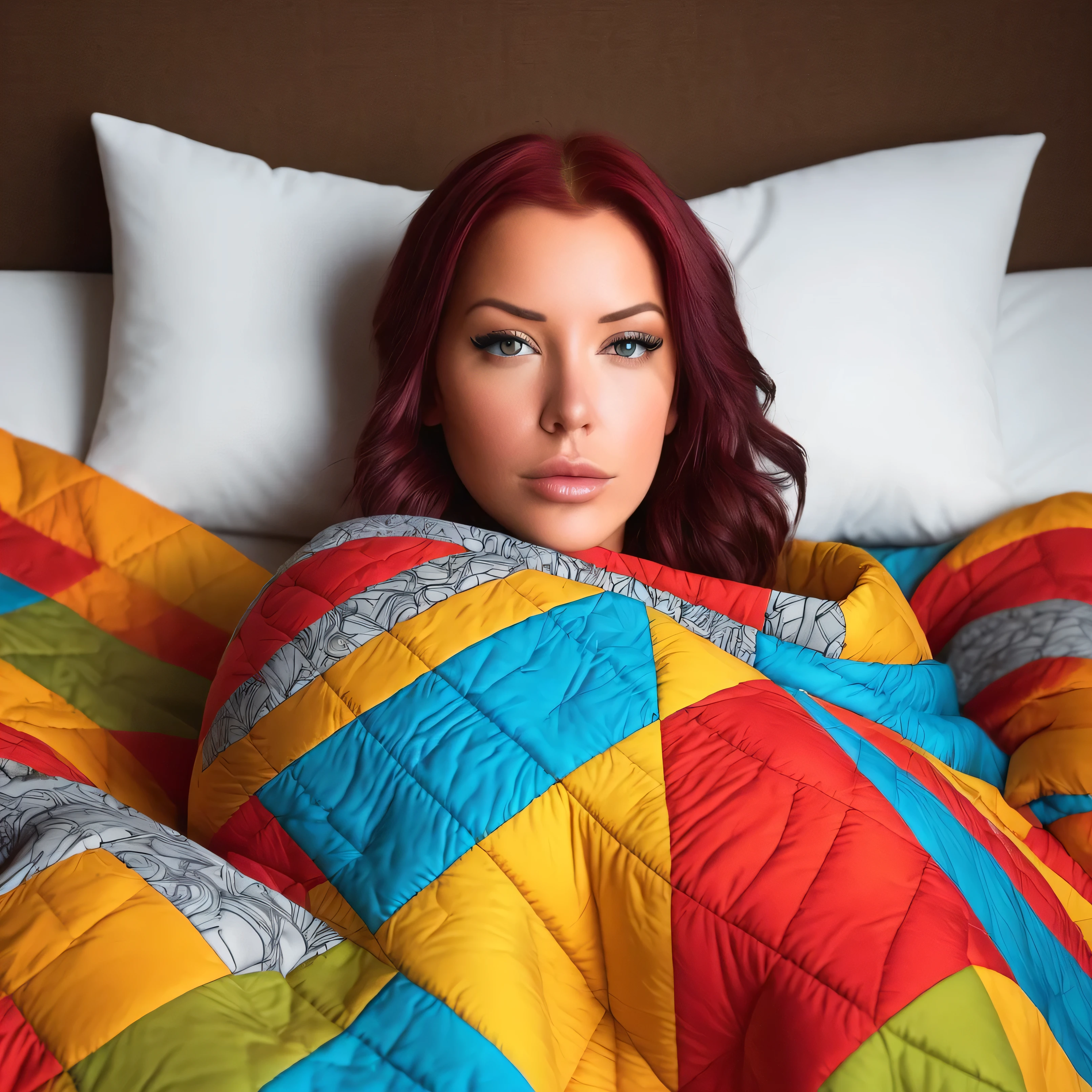 closeup professional photograph of Laurence bedard wrapped in a colorful warm quilt, cel shading, bold outlines, flat colors, sharp shadows, graphic style, (manga influence:1.3), clean linework, striking visuals,comic