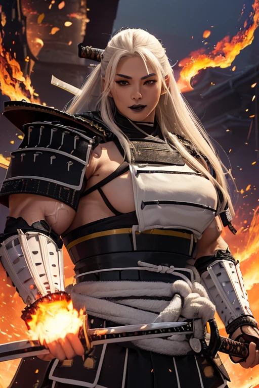 ((((Massive, tall, beautiful, buff, muscular light brown skinned female samurai with white hair, black lipstick, ginormous bulky muscles, holding a white fire sword and wearing an all white samurai armor with pants)))), {close view}, black eyeliner, massive muscles, large breast, massive biceps, hyper muscle triceps, (long straight hair), blue eyes, samurai boots, In a battlefield, sleeveless, steel samurai armor, nighttime, confident smile, hyper muscles arms, hyper muscle legs, ginormous arms