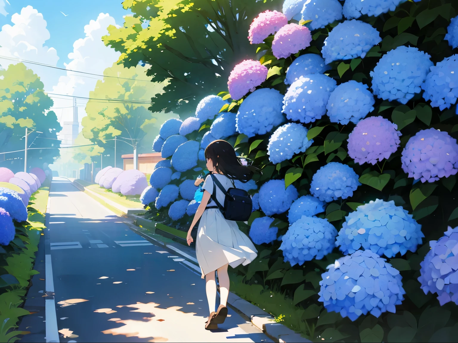 A girl walking home from school along a road lined with hydrangeas。Shortcuts、high resolution、delicate、blue sky、