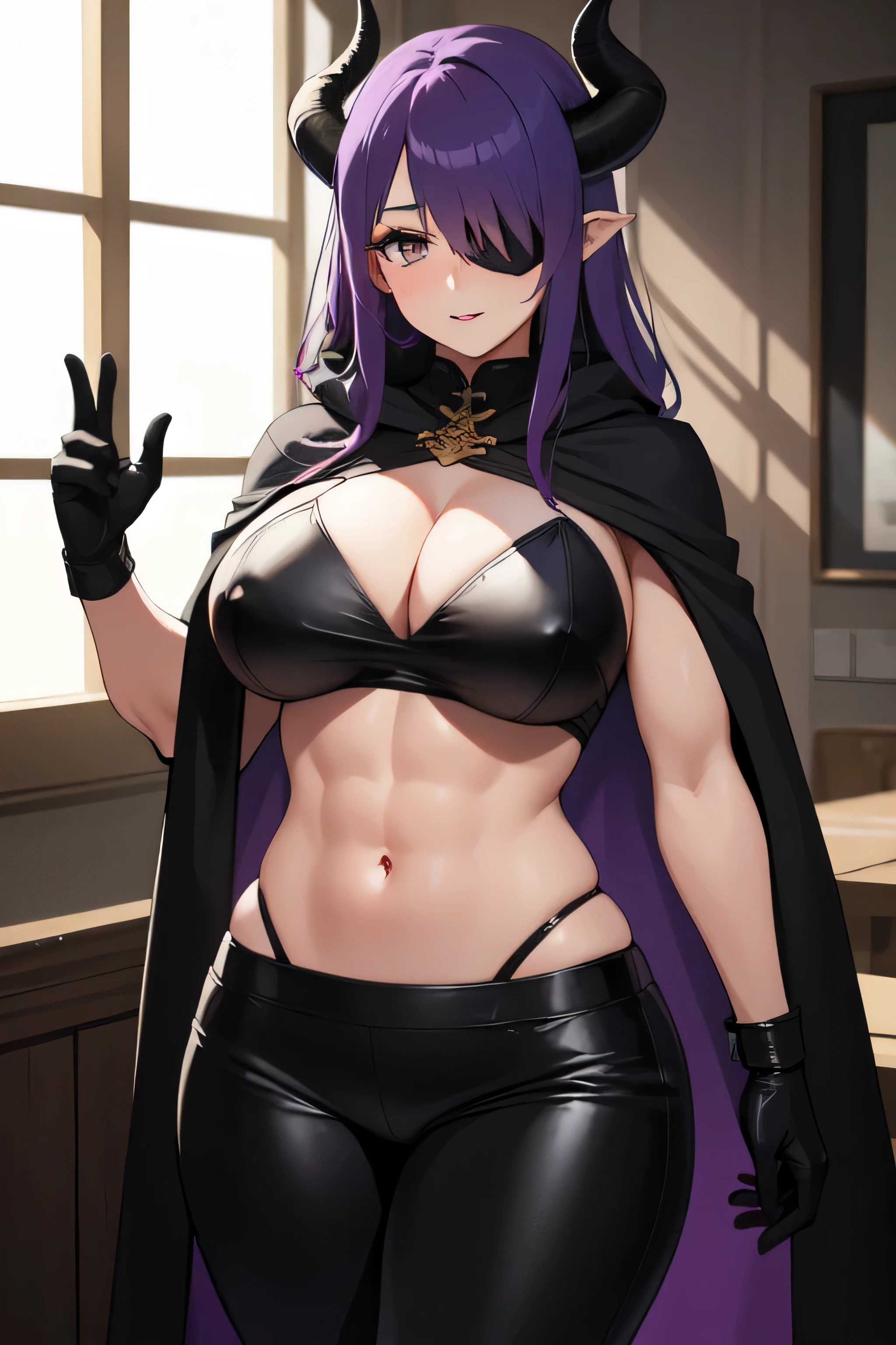 woman, 50 years old, large, half dragon, dark purple hair long and curved at the ends with an eye patch over one eye and a pair of black horns, clothes a black leather cloak open showing her muscular abdomen and a sash covering her breasts with wide black pants and a dragon's tail and a purple and gray ax