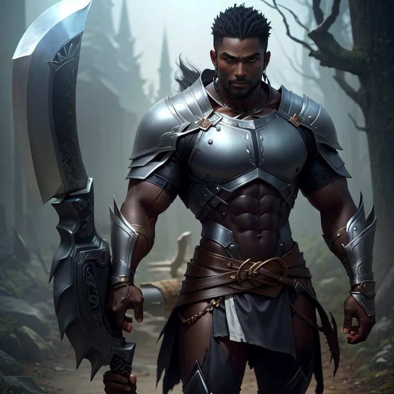 a male dark skin warrior wearing a dark gray light shoulders, holding a great axe
