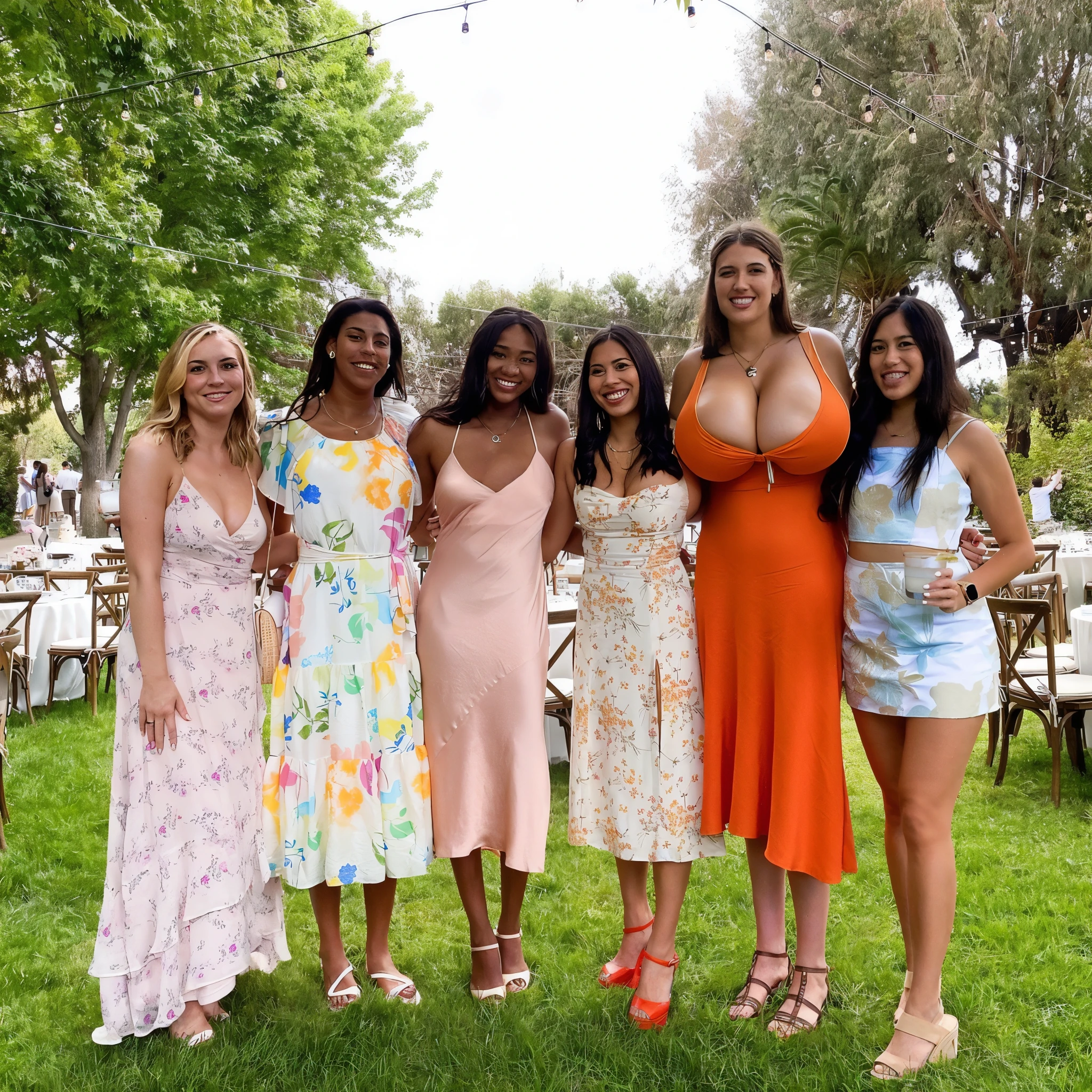 cleavage, plain loose orange dress, (big giant enormous oversized massive huge colossal breasts:1.5), (gigantic sagging breasts:1.5), symmetric breasts, (extremely very long full big hair)