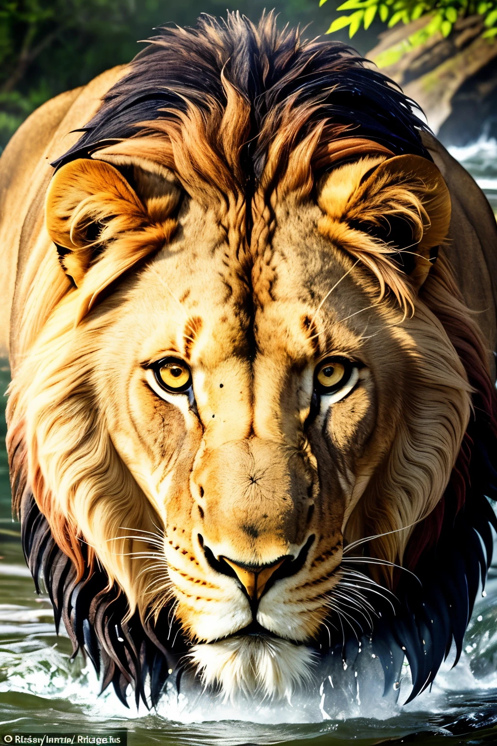 A majestic lion, resplendent in the multicolored 9/16 format, takes a leisurely drink from the river. The lion's mane, a cascade of vibrant hues, is wet from the water, adding a dynamic element to its regal appearance. (Realism: 1.5), (Wildlife: 1.2), (Animated: 1.3), HDR, (Intricate Details, Hyper-Detailed: 1.1), Cinematic Shot, Vignette, Centered. The lion's eyes, filled with a primal intensity, reflect the surrounding nature, creating a striking contrast against its wet fur