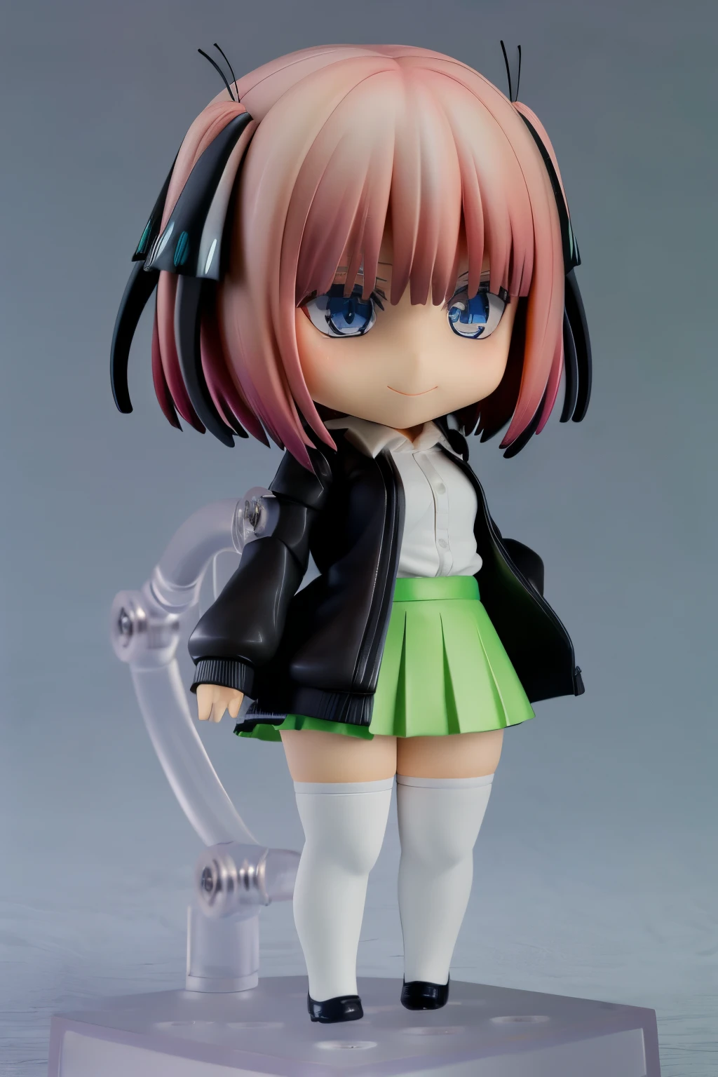 masterpiece, best quality, highres, realistic, cosplayer, nn1, 1girl, hair ribbon, blue eyes, short hair , green skirt, white shirt, black cardigan, open clothes, white thighhighs, white long socks, long sleeves, cowboy shot, standing, smile, full body, nendoroid, chibi, (chibi:1.2), , (loli:1.2)
