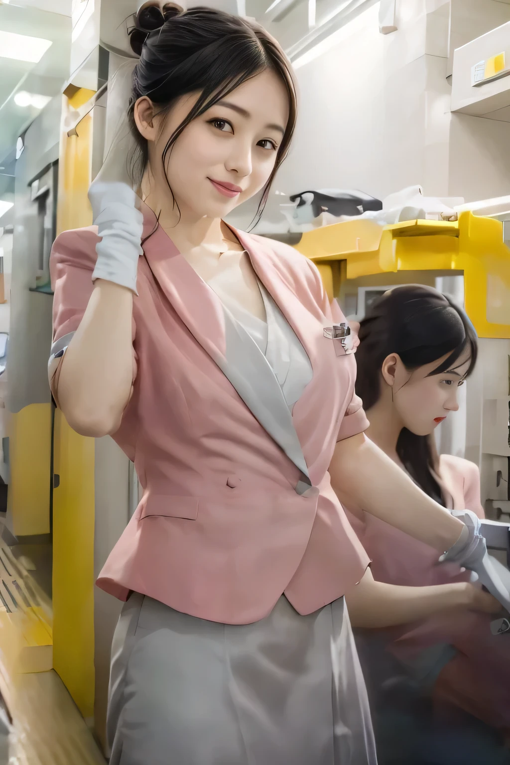 (masterpiece:1.2, highest quality:1.2), 32K HDR, High resolution, (alone、1 girl)、（On the rooftop of a building in the daytime、Professional Lighting）、Building rooftop background、（Nankai train crew uniform pinkを着たリアルスタイル）、（Nankai train crew uniform pink short sleeve pink jacket、Nankai Train Crew Uniform Pink Collarless Short Sleeve Blouse、Nankai Train crew uniform pinkのグレー色のキュロットスカート）、Dark brown hair、（Hair tied up、Hair Bun、Hair Bun）、Dark brown hair、Long Shot、Big Breasts、Thin legs、（（Great hands：2.0）），（（Harmonious body proportions：1.5）），（（Normal limbs：2.0）），（（Normal finger：2.0）），（（Delicate eyes：2.0）），（（Normal eyes：2.0））)、smile、（Nankai Train crew uniform pinkのグレー色のキュロットスカートを見せた美しい立ち姿）、Put your hands down、I have nothing in my hands