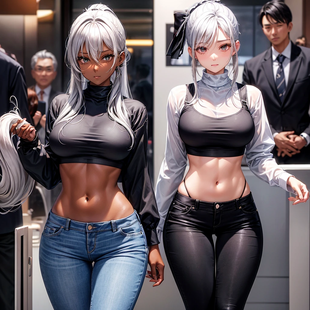Silver hair ponytail, A dark-skinned woman wearing a black dress shirt and slim jeans is preparing fried shrimp。. Showing your belly button Alluring thighs A lot of fried shrimp