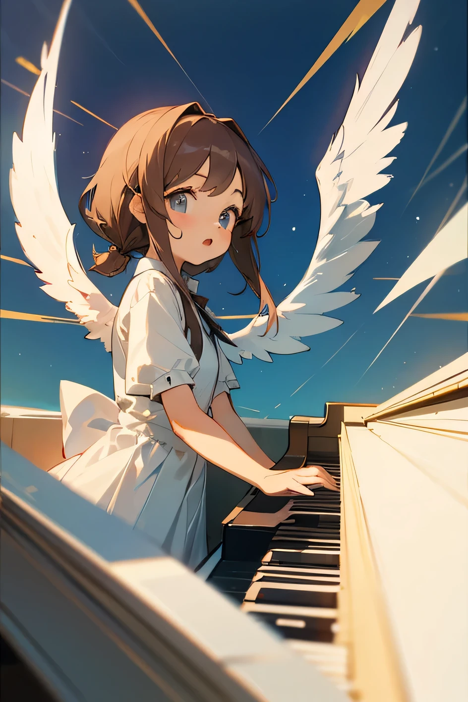 Two-dimensional cute playing the piano angel wings