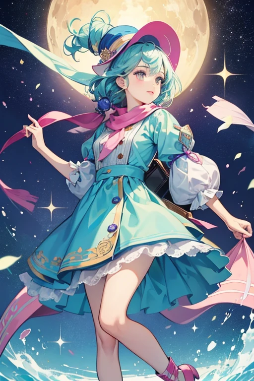 Konsherutchi has pink skin, pink lips, and black round eyes. She has blue and green hair, which is similar to the appearance of Earth's surface. She wears a dim blue dress with yellow buttons and purple sleeves, a blue scarf, light red shoes, and a light red hat with a pink band. She carries a blue purse in her right hand and a white flag in her left hand. SPARKLE; GLITTER