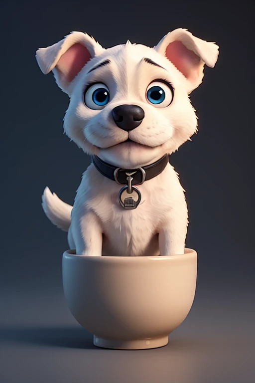 Cup of coffee with a white french bulldog dog with blue eyes black background type logo animated style with E3 technology