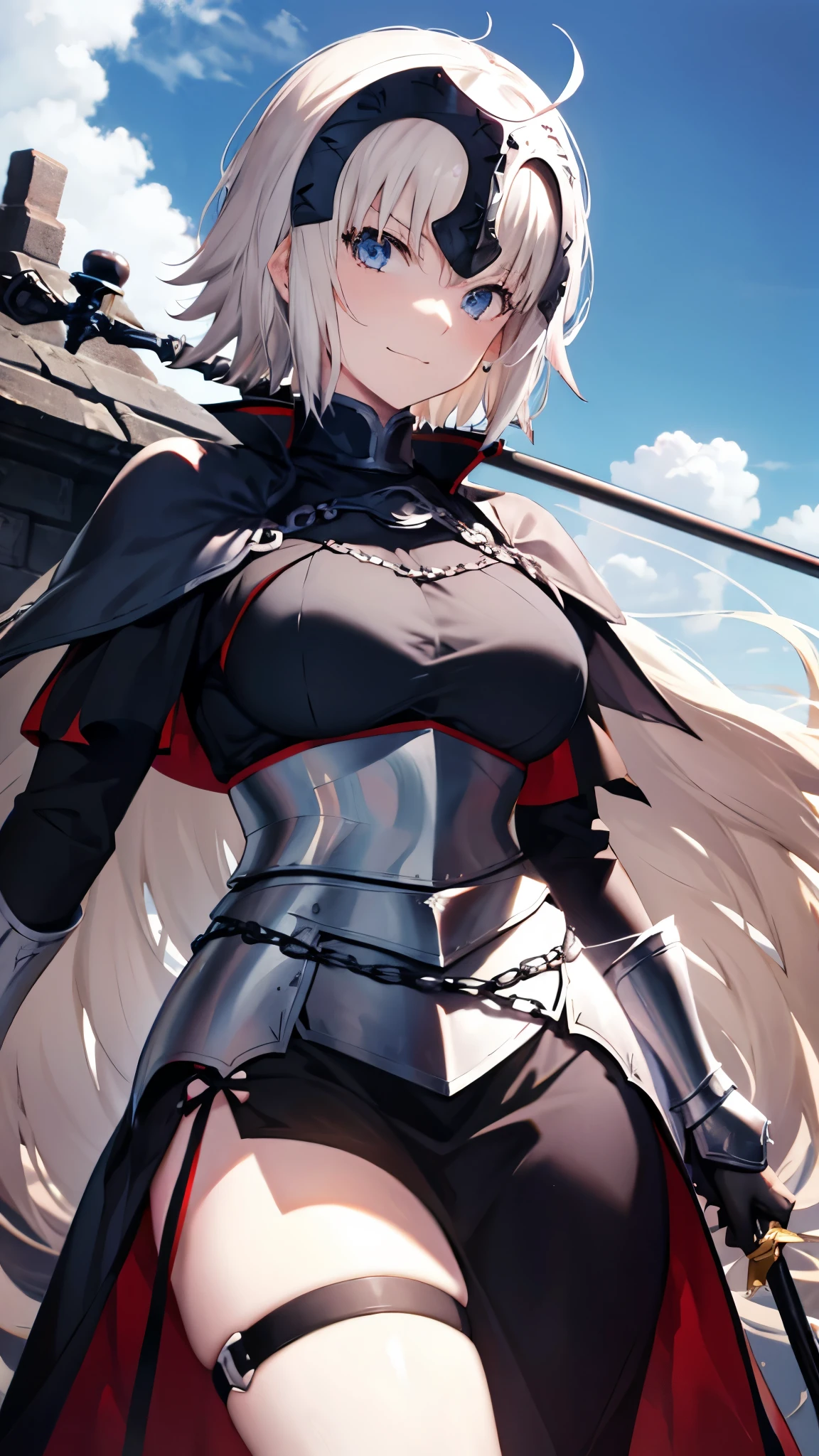 Jeanne D'Arc Alter、close up、smug face、view from below