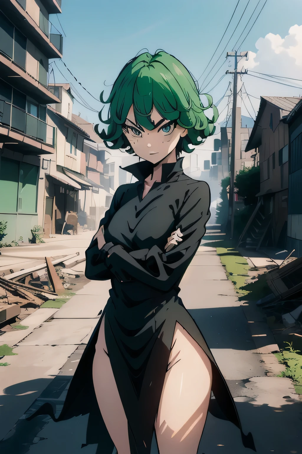 absurdres, highres, ultra detailed, tatsumakitornado, short green hair, curly hair, black dress, long sleeves, outdoors, city, rubble, destruction, fire, standing, legs apart, crossed arms, cowboy shot, from below, looking at viewer, smirk, smug