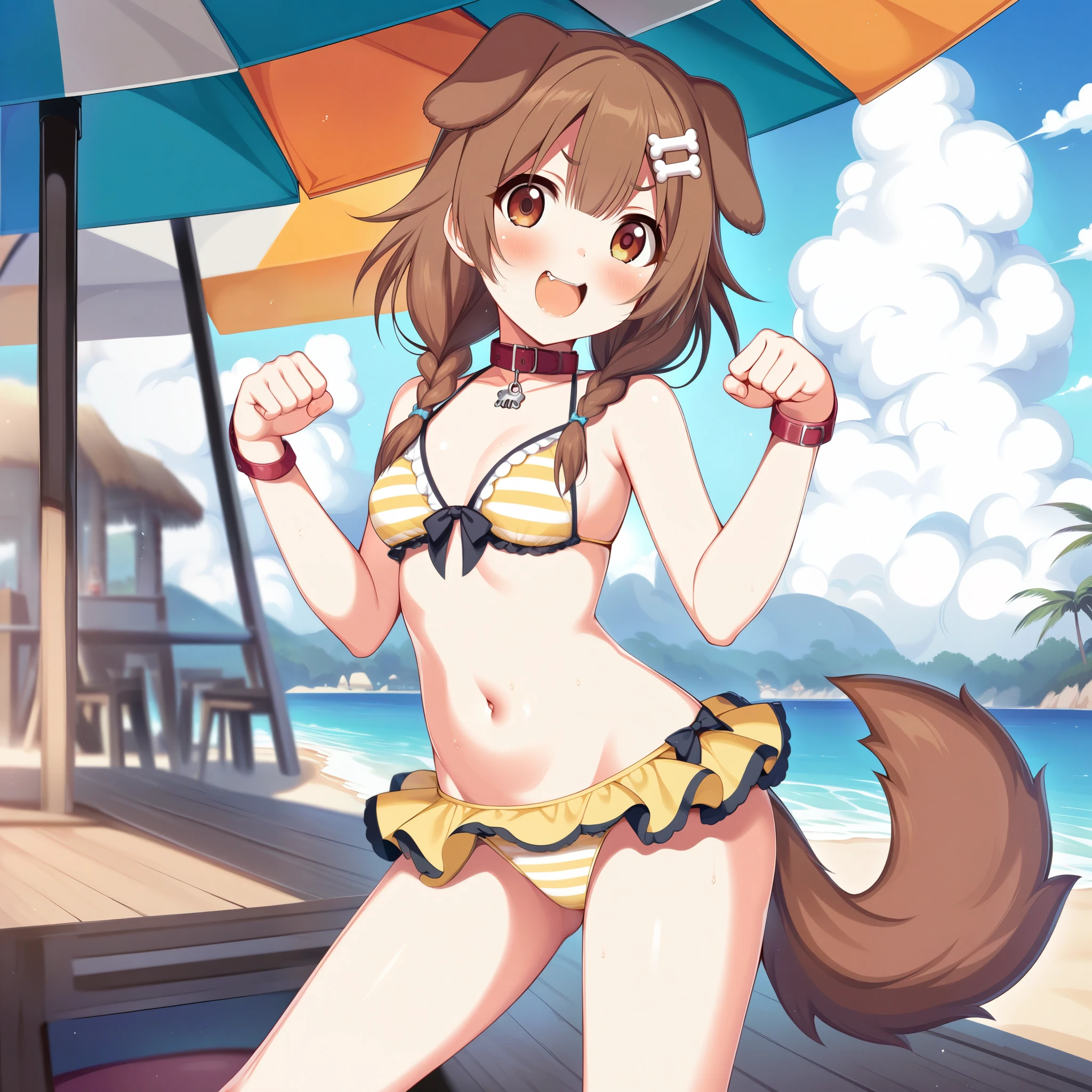 inugami_korone, Artist, horosuke, Copyrights, princess_connect!, genshin_impact, Character, General, 1girl, brown_hair, blunt_bangs, blush, medium_breasts, breasts, smile, brown_eyes, censored, striped bikini, yellow_bikini, frilled_bikini, navel, dog_tail, animal_collar, twin_braids, dog_ears, bone_hair_ornament, raised_eyebrows, paw_pose, :d, teeth, raised_eyebrows, (standing in middle, beach_umbrella), sky, clouds, detailed, sand, outdoors, from_side, looking_at_viewer, masterpiece, best_quality, great_quality, girl, solo, center_composition, centered character, cute
