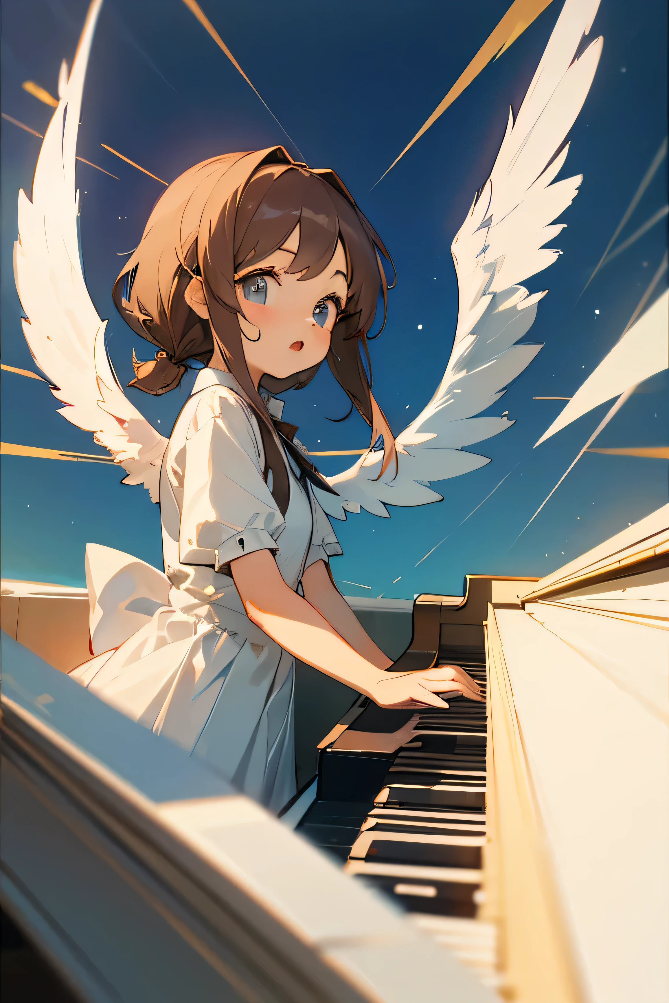 Two-dimensional cute little girl playing the piano angel wings