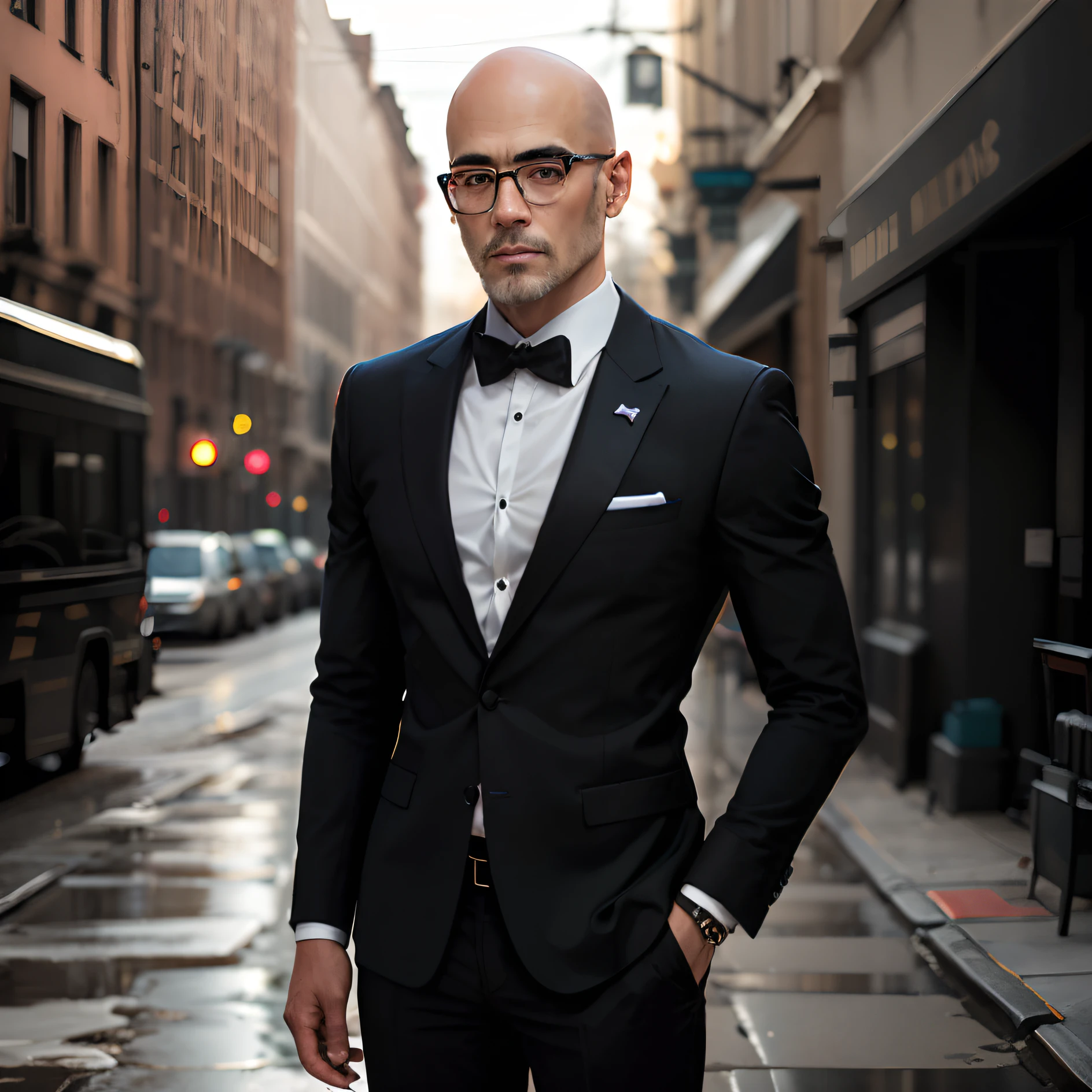 homem,Tall slim sexy bald homem in elegant black suit and glasses
