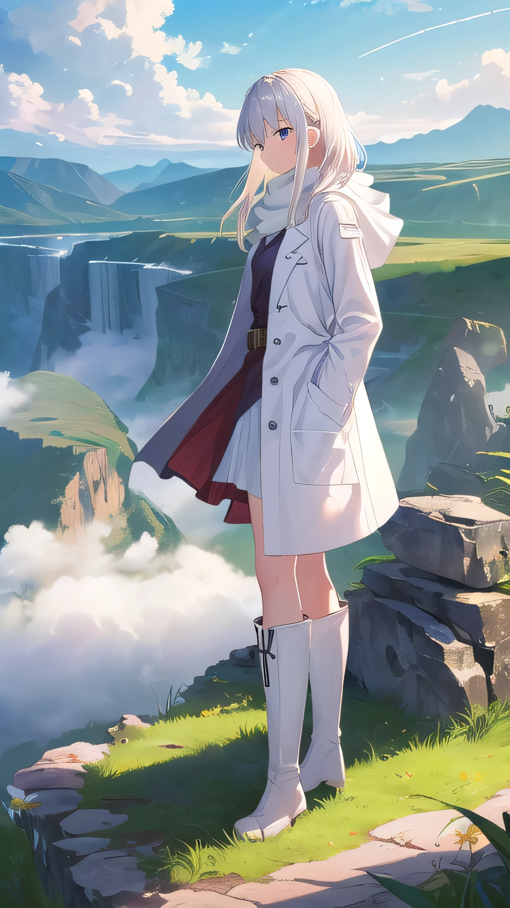 ((best quality)), ((masterpiece)), ((ultra-detailed)), (illustration), (detailed light), (an extremely delicate and beautiful),
incredibly_absurdres,(ray tracing),light particle,
((solo:1.8)),(1girl:1.5),((a beautiful girl)),(((full body shot))),((standding)),(facing away),(((white coat))),((beautiful white dress+white knee boots)),((Belts)),(white scarf),(leg loops),(((long white_hair))),
((beautiful sky)),(scenery),((grassland)),((mountain)),((canyon)),((waterfall)),(cloud),((nature)),(grass),((fog)),(flower),(stone),(rock),(sunlight) ,