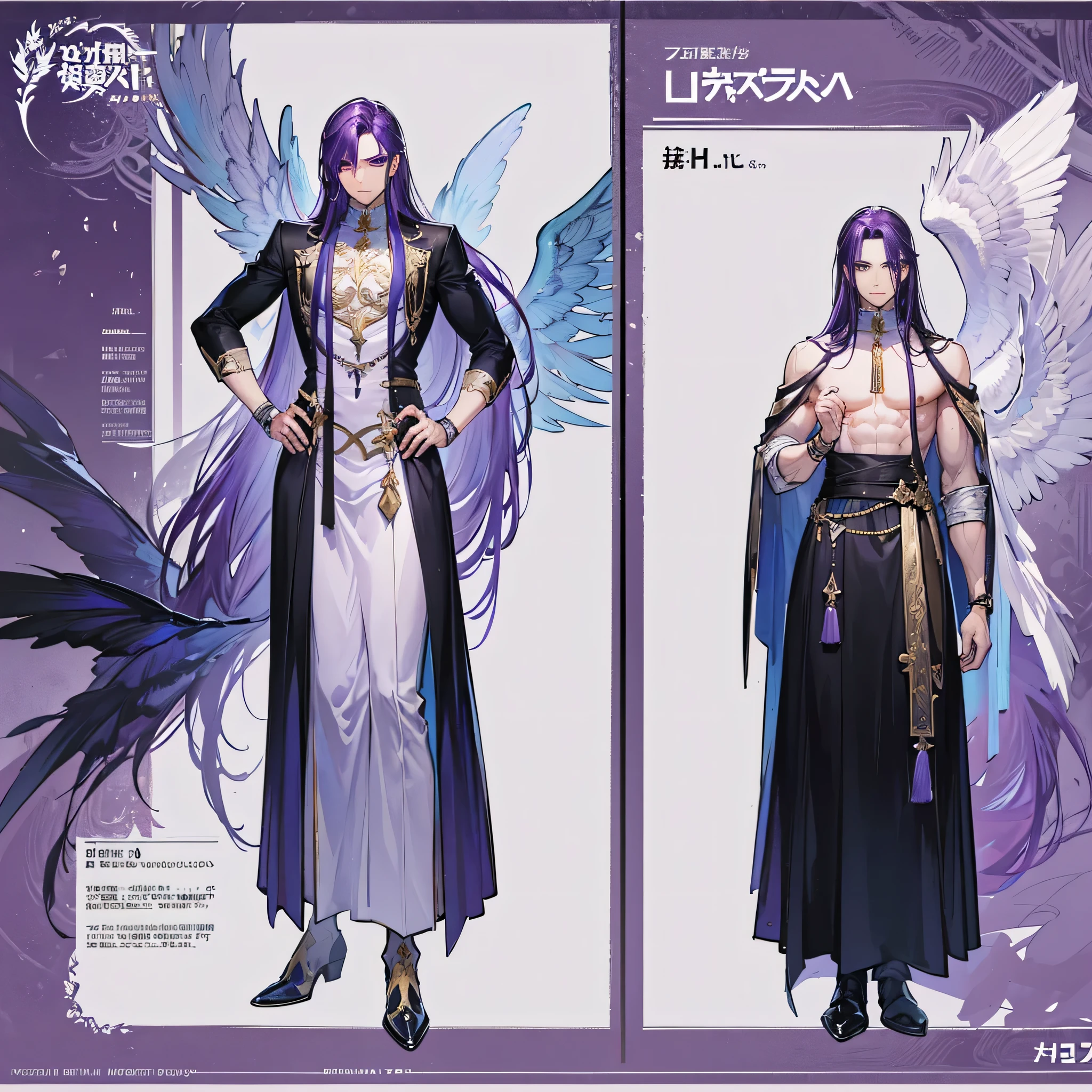 (Masterpiece, best quality), detailed, 1 man, ((character concept art)), ((character design sheet, same character, front, side, back)), full body, body complete, 1 Male, 1 Man, Detailed face, character design sheet,full bodyesbian, Highly detailed, character sheet, character design, Many parts, dark skin, angel wings, long purple hair, male angel outfit, masculine, muscle male god, muscle man, male muscle, manly, male angel, Muscle male with purple long hair, beautiful man