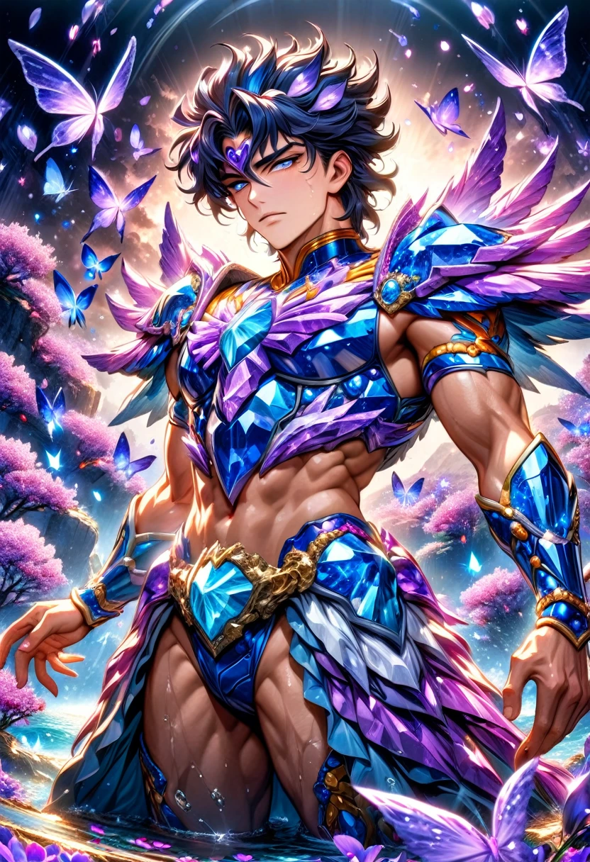 absurdres, highres, ultra detailed, HDR, master piece, best quality, Ikki de fenix, dark blue hair, expressive blue eyes, saint seiya, solo, y man, handsome, blue armor, magical, fantasy, shining, water, purple flowers, purple blossoms, purple butlies, purple petals