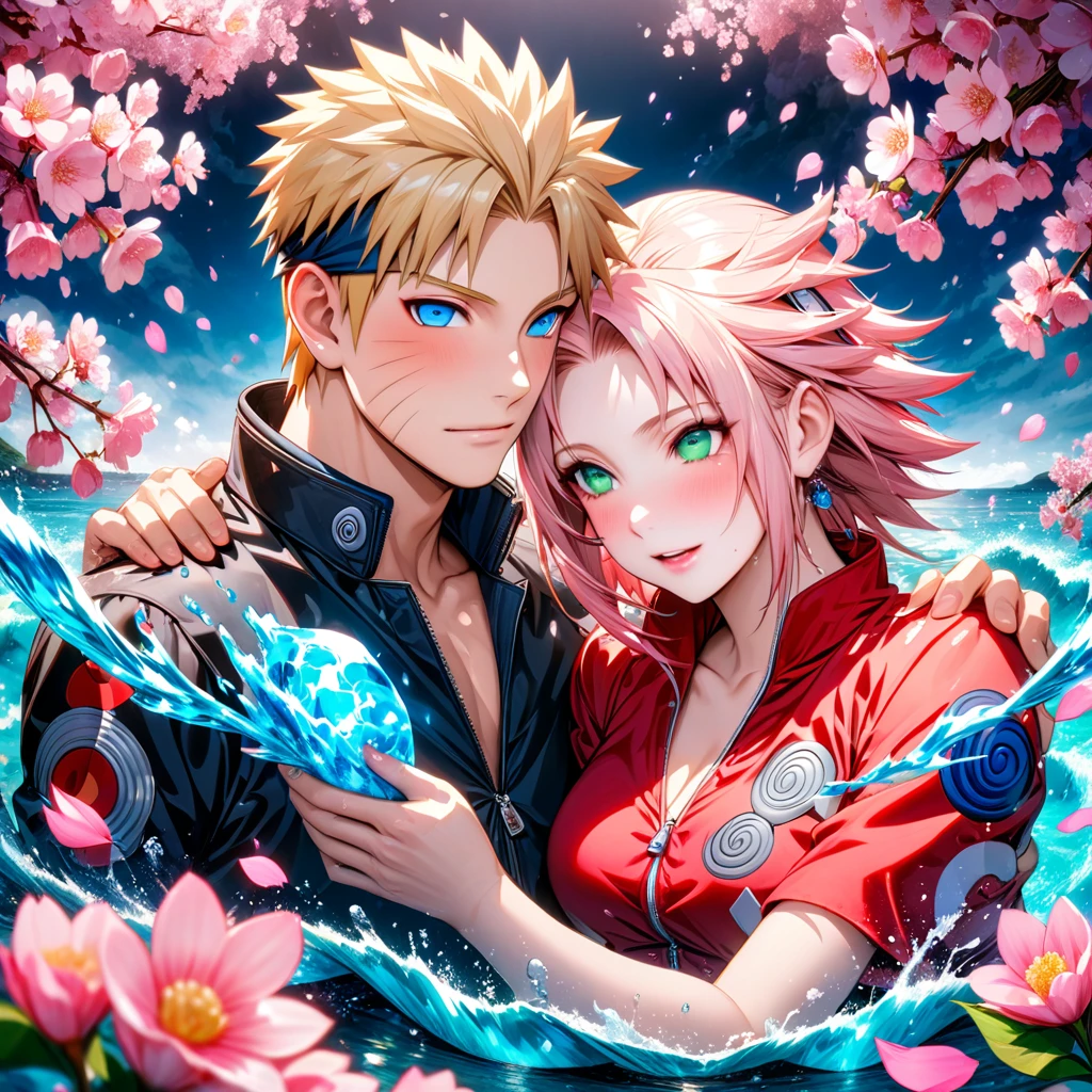 Ultra detailed, Highres, absurdres, HDR, master piece, Uzumaki Naruto, blond hair, expressive blue eyes, Haruno Sakura, pink short hair, expressive green eyes, Naruto Shippuden, a handsome man together with a beautiful woman, couple, love, extremely detailed eyes and face, water, pink flowers, blossoms, petals, sexy, fantasy, orange and red clothes, magic