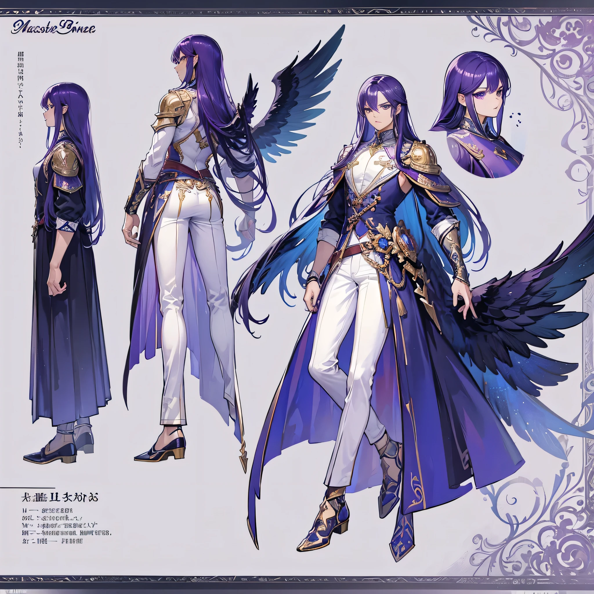 (Masterpiece, best quality), detailed, 1 man, ((character concept art)), ((character design sheet, same character, front, side, back)), full body, body complete, 1 Male, 1 Man, Detailed face, character design sheet，full bodyesbian, Highly detailed, character sheet, character design, Many parts, dark skin, angel wings, long purple hair, male angel outfit, masculine, muscle male god, muscle man, male muscle, manly, male angel, Muscle male with purple long hair,  beautiful man