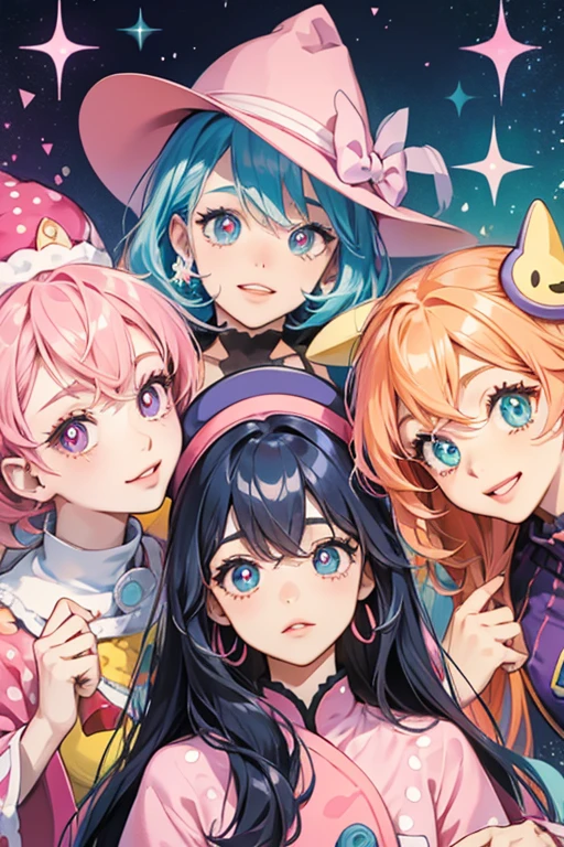 The Kotabitchi consists of three pink Tamagotchi wearing different color tunics and hats. The orange one has dot-like eyes and a mouth shaped like a triangle. The blue one has oval shaped eyes with blue pupils. The purple one has dot-like eyes and yelloow lips. SPARKLE; GLITTER