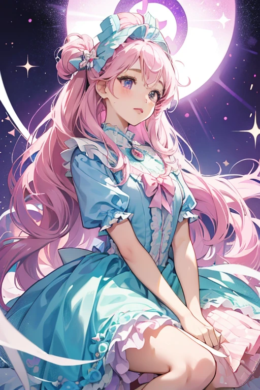 Kotohimetchi has a round white face dark eyes, pink cheeks, and light pink lips. She has two light blue fins on each side of her head. She wears a frilly blue dress, and a blue hood with a large bow on top of her head. She has purple arms, and a purple tuft of hair over her forehead. SPARKLE; GLITTER