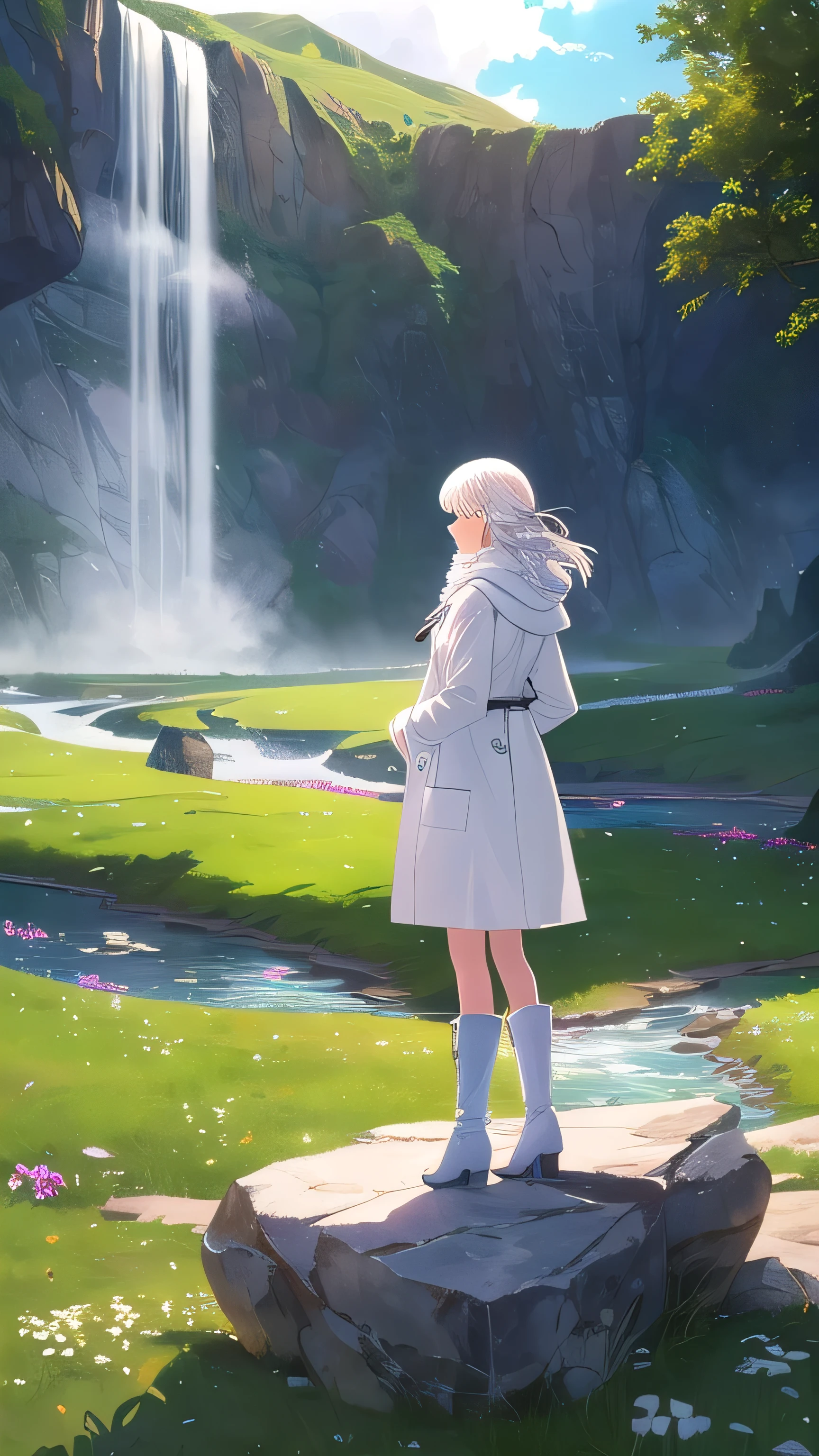 ((best quality)), ((masterpiece)), ((ultra-detailed)), (illustration), (detailed light), (an extremely delicate and beautiful),
incredibly_absurdres,(ray tracing),light particle,
((solo:1.8)),(1girl:1.5),((a beautiful girl)),(((full body shot))),((standding)),(facing away),(((white coat))),((beautiful white dress+white knee boots)),((Belts)),(white scarf),(leg loops),(((long white_hair))),
((beautiful sky)),(scenery),((grassland)),((mountain)),((canyon)),((waterfall)),(cloud),((nature)),(grass),((fog)),(flower),(stone),(rock),(sunlight) ,