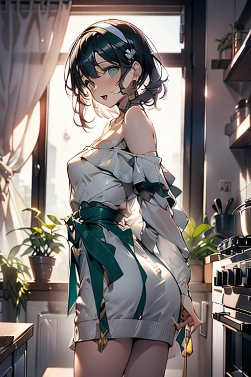 (small breasts:1.3), (perky chest:1.1), (pointed chest:1.0), (Carbonara Pasta magazine cover:1.3),(from below:1.0),(from side:0.9),masterpiece, 1girl, Amazing Cleavage:1.1, thin waist, big ass, Raised sexy, small breast: 1.3, posed cleavage:1.2、solo, looking at viewer, open mouth, have a cute grass of cute beergrass,black hair, dark green eyes, dress, bare shoulders, jewelry, collarbone, sidelocks, hairband, earrings, indoors, off shoulder, :o, sweater, arms behind back, plant, short hair with long locks, gild hairband, off-shoulder dress, sweater dress, off-shoulder sweater, red sweater, dark gord hair, big side hair, very long side hair,is rendered in (masterpiece: 1.2, best quality), with (ultra high resolution) and an exquisite (depth of field). This masterpiece is not only visually stunning but also tells,A scene of cooking in the kitchen by classroom
