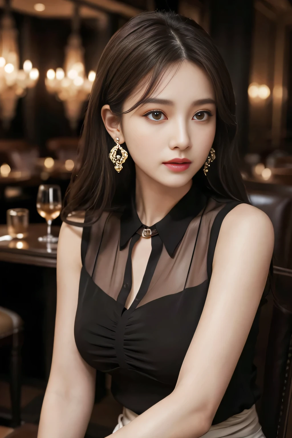 masterpiece, highest quality, Realistic, Very detailed, Finer details, High resolution, 8k wallpaper, One beautiful woman, Wear an elegant black see-through blouse, In a great restaurant, At night, Light brown messy hair、 Perfect dynamic composition, Beautiful and beautiful eyes、Big earrings、Sitting in a chair、Sleeveless shirt、