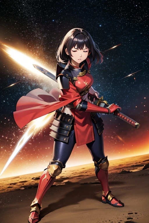Anime drawings、Full body portrait、Space SF Armored Warrior、A female samurai wearing red armor, about 165cm tall and about 42 years old, is performing a sword technique while standing.、Both eyes closed、Hair style is medium straight、Black Hair、Red leggings、Red arm guards、gloves