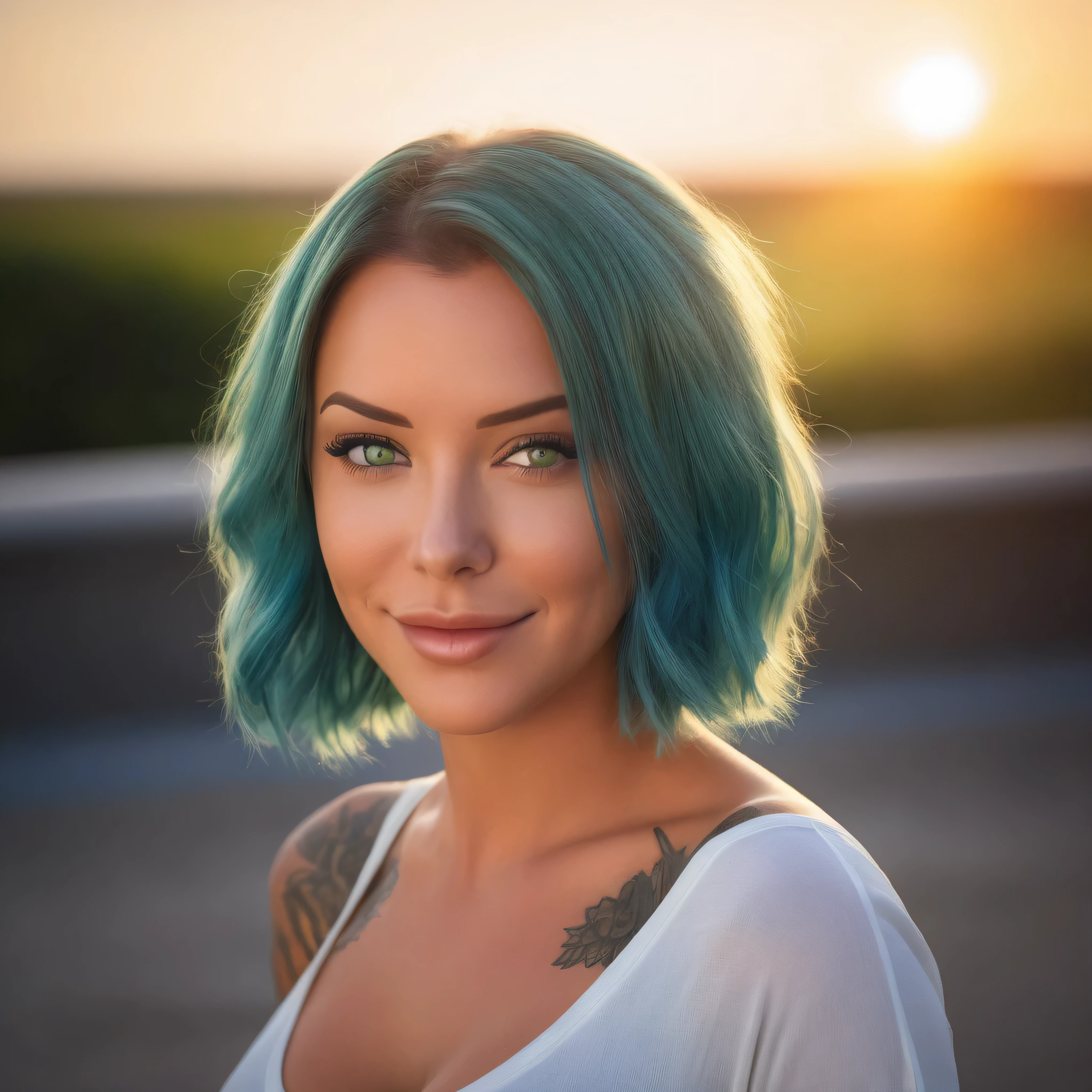 Best Quality, Masterpiece, Ultra High Resolution, (Realism: 1.4), Original Photo, Laurence bedard, Green Eyes, smiling at viewer, Off-the-Shoulders, Cinematic Lighting, Blue Hair, At Sunset
