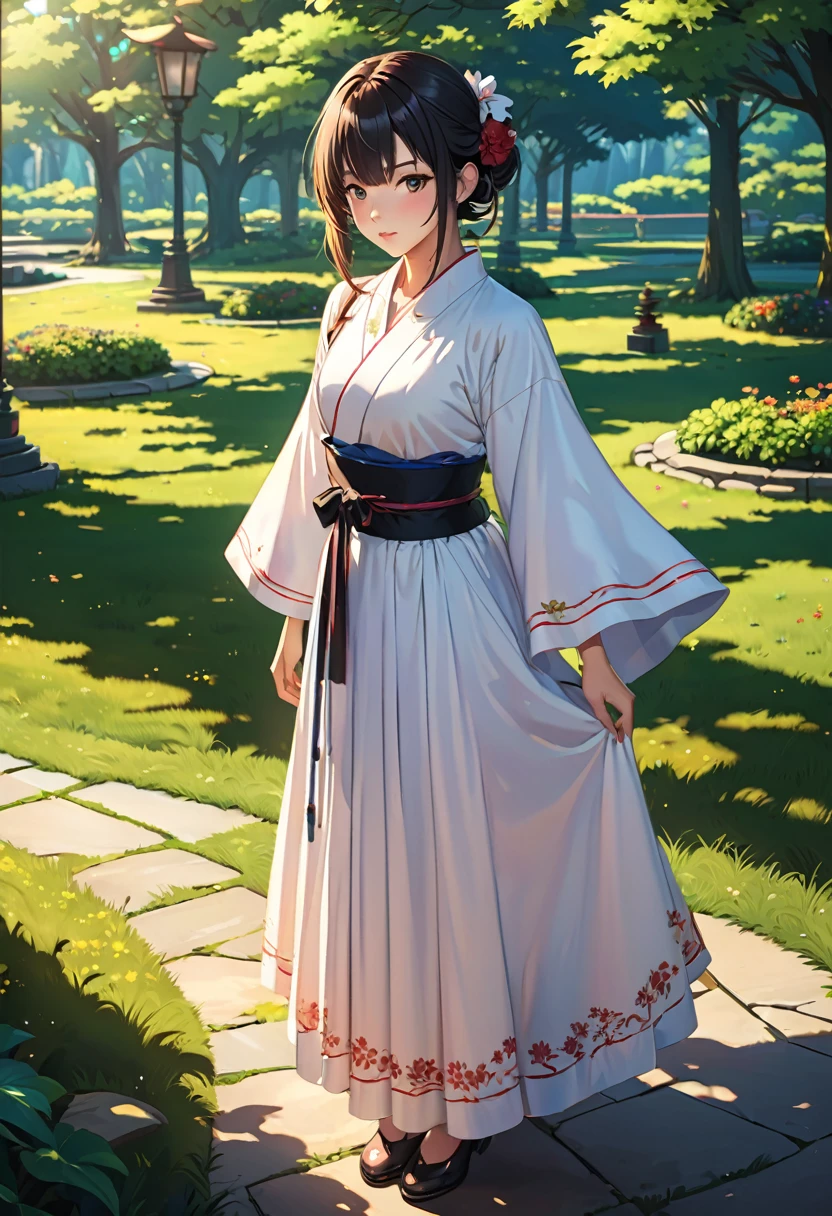 masterpiece, highest quality, Very detailed, CG illustration, High resolution, Better lighting, Best Shadow, Very delicate and beautiful, Proper shading, High resolution, 8k, Ray Tracing, Very detailedで鮮明な背景, Perfect lighting, Anime Style, game「Magic Swordsman」Inspired by: House of Ruby (Tengu, Winged Mountain God, Aggressive, Red and white colors), strength, Samurai Punk, alone, 1 female, Black Hair, Red eyes, Adult, Obi tassel,