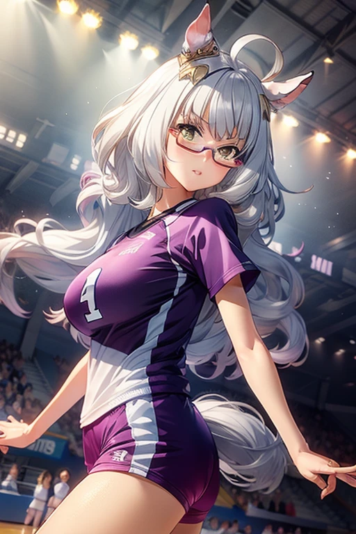 biwa hayahide \(umamusume\), under rim glasses, volleyball, multiple girls, sportswear, big tits, stadium