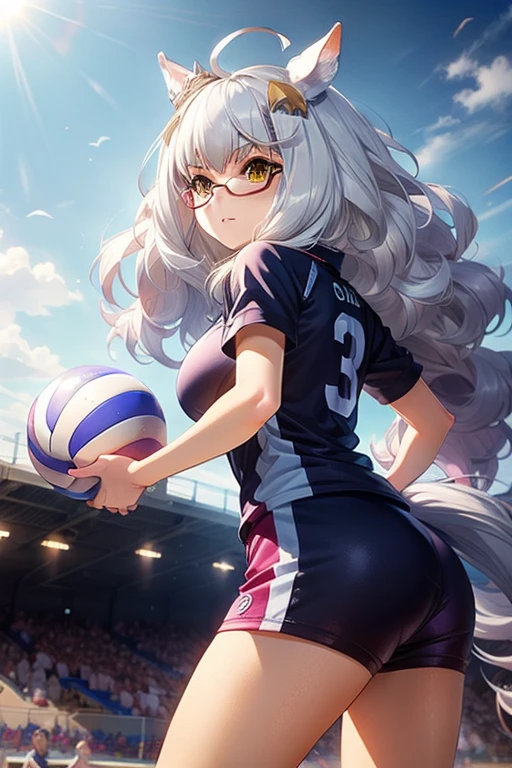 biwa hayahide \(umamusume\), under rim glasses, volleyball, multiple girls, sportswear, big tits, stadium