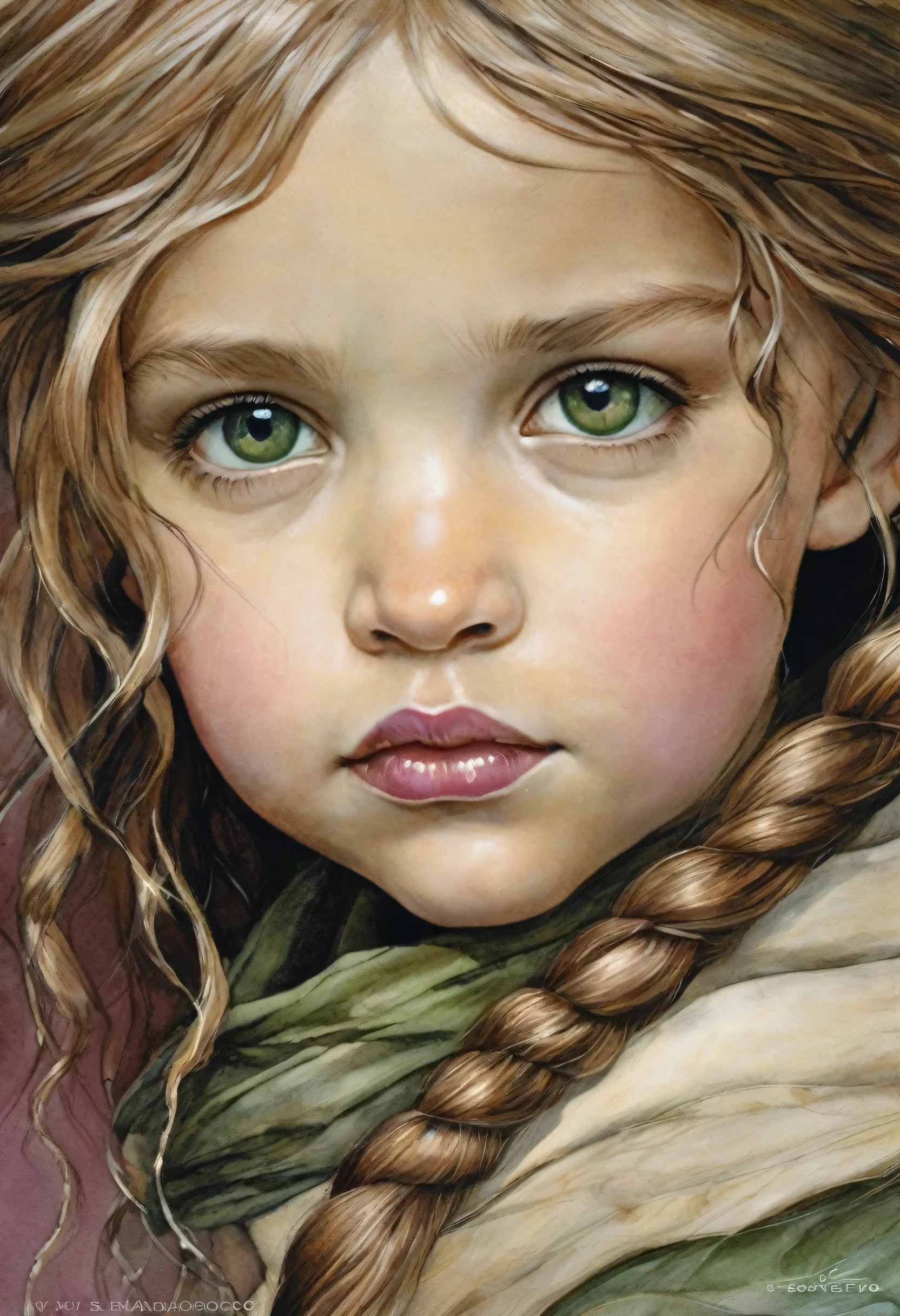 Realismo, estilo de fantasia, Estilo John Tolkien, Pequena pintura de Jean-Baptiste Monge, retratos de um, olha de frente, soft facial features, anjo, Average height, dark pink lips, thin lip shape ,"Sobrancelhas legais em formato de Angryburts, olhos castanhos escuros, olhos de cor verde, droopy eye shape, corner of the eye fallen, olhando para longe, cabelo preto, hair braided into a long thick braid, classic braid, hairstyle with classic braid, formato de nariz de pato, in the hands of the celestial warrior&#39;s sword, human hand, Muito claro sem falhas com cinco dedos ,in the form of a Valkyrie, Estilo Carol Buck, Muito claro sem falhas com cinco dedos Sacerdotisas, vestido com roupas brancas e douradas, rainha celestial