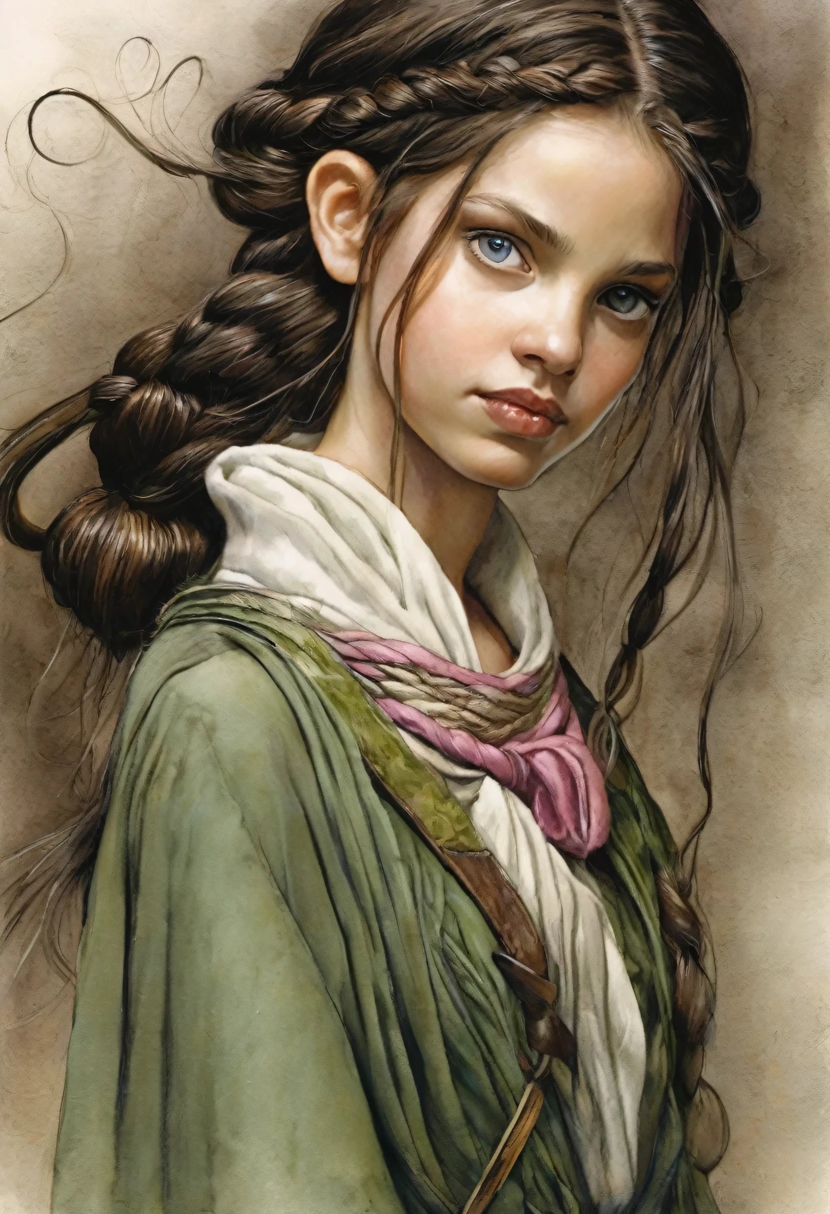 Realismo, estilo de fantasia, Estilo John Tolkien, Pequena pintura de Jean-Baptiste Monge, retratos de um, olha de frente, soft facial features, anjo, Average height, dark pink lips, thin lip shape ,"Sobrancelhas legais em formato de Angryburts, olhos castanhos escuros, olhos de cor verde, droopy eye shape, corner of the eye fallen, olhando para longe, cabelo preto, hair braided into a long thick braid, classic braid, hairstyle with classic braid, formato de nariz de pato, in the hands of the celestial warrior&#39;s sword, human hand, Muito claro sem falhas com cinco dedos ,in the form of a Valkyrie, Estilo Carol Buck, Muito claro sem falhas com cinco dedos Sacerdotisas, vestido com roupas brancas e douradas, rainha celestial