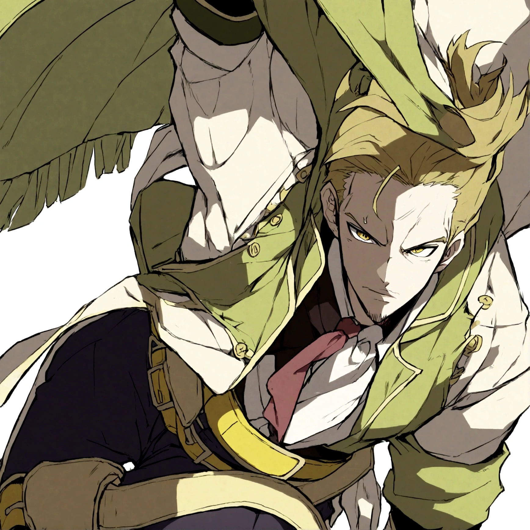 1 Hombre joven, Estilo anime, traje de asesino, ((Big yellow belt)), [Great green belt]
