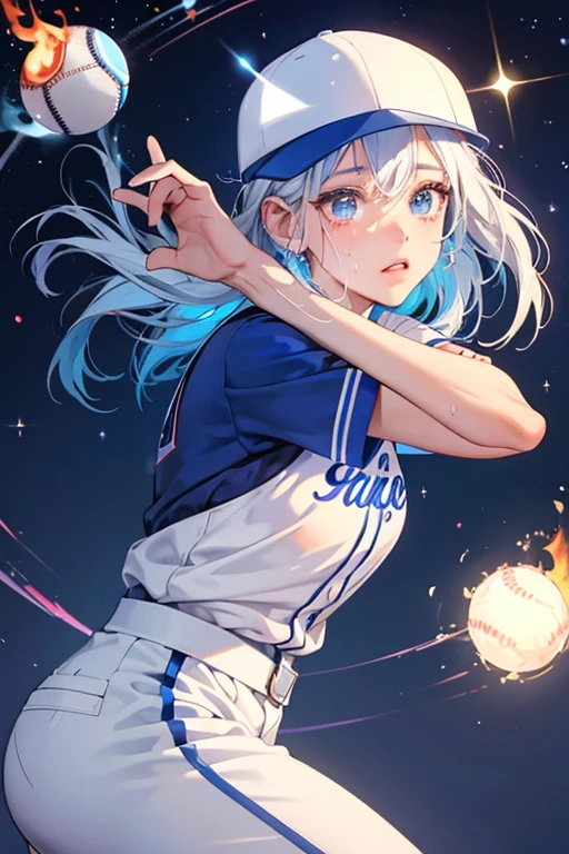 she is a white baseball with stubby arms and legs. she wear a blue baseball uniform and matching blue baseball mit. her hat has a red K, representing her name and origin. she have stars and flames in their eyes and there's two sweat drops near her head.  SPARKLE; GLITTER