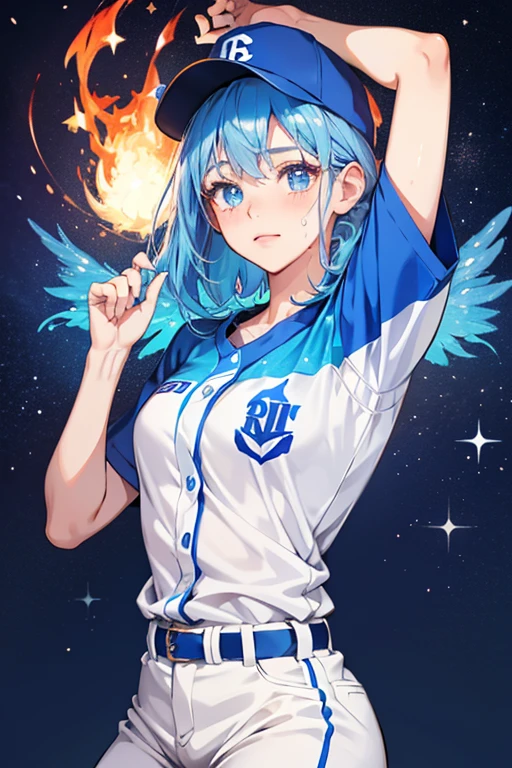 she is a white baseball with stubby arms and legs. she wear a blue baseball uniform and matching blue baseball mit. her hat has a red K, representing her name and origin. she have stars and flames in their eyes and there's two sweat drops near her head.  SPARKLE; GLITTER
