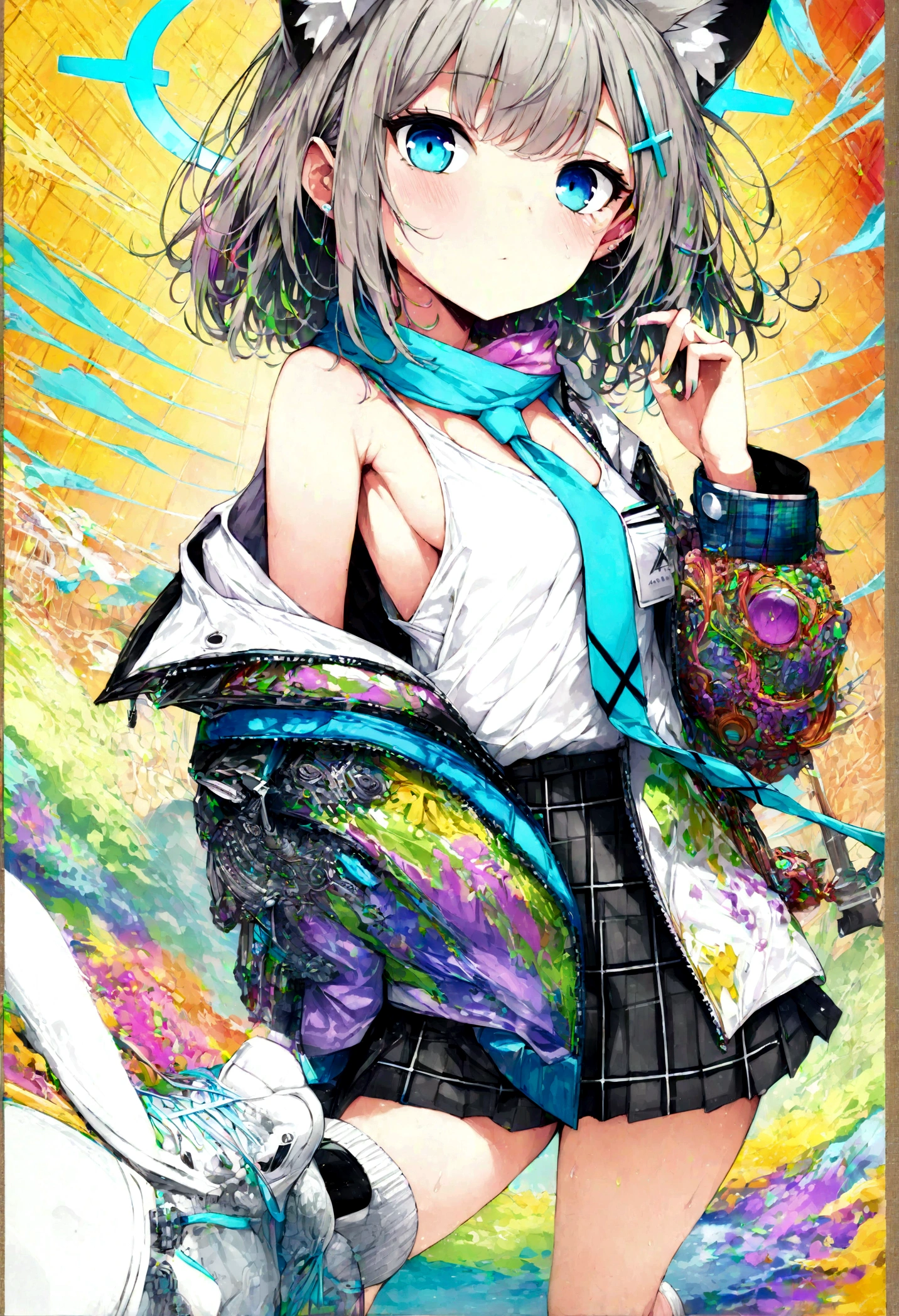 ,shiroko-default, , shiroko \(blue archive\),blue eyes,grey hair,hairclip,animal ears,halo,scarf,jacket,white shirt,necktie,plaid skirt, white socks,sneakers, ,loose shirt, tank top, sideboob, cleavage, thin straps, oversized shirt, large gaps, (((masterpiece))), (((best quality))), 8k, (((ultra-detailed))), illustration, nice details