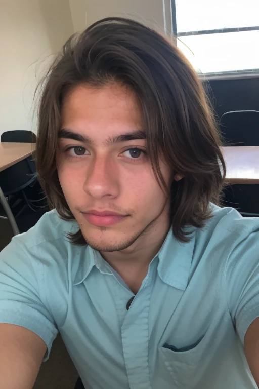 Un chico lindo, adolecente, Brown hair, camisa negra, taking a profile photo, selfie, cute 17 year old boy, (mejor calidad)(obra maestra)